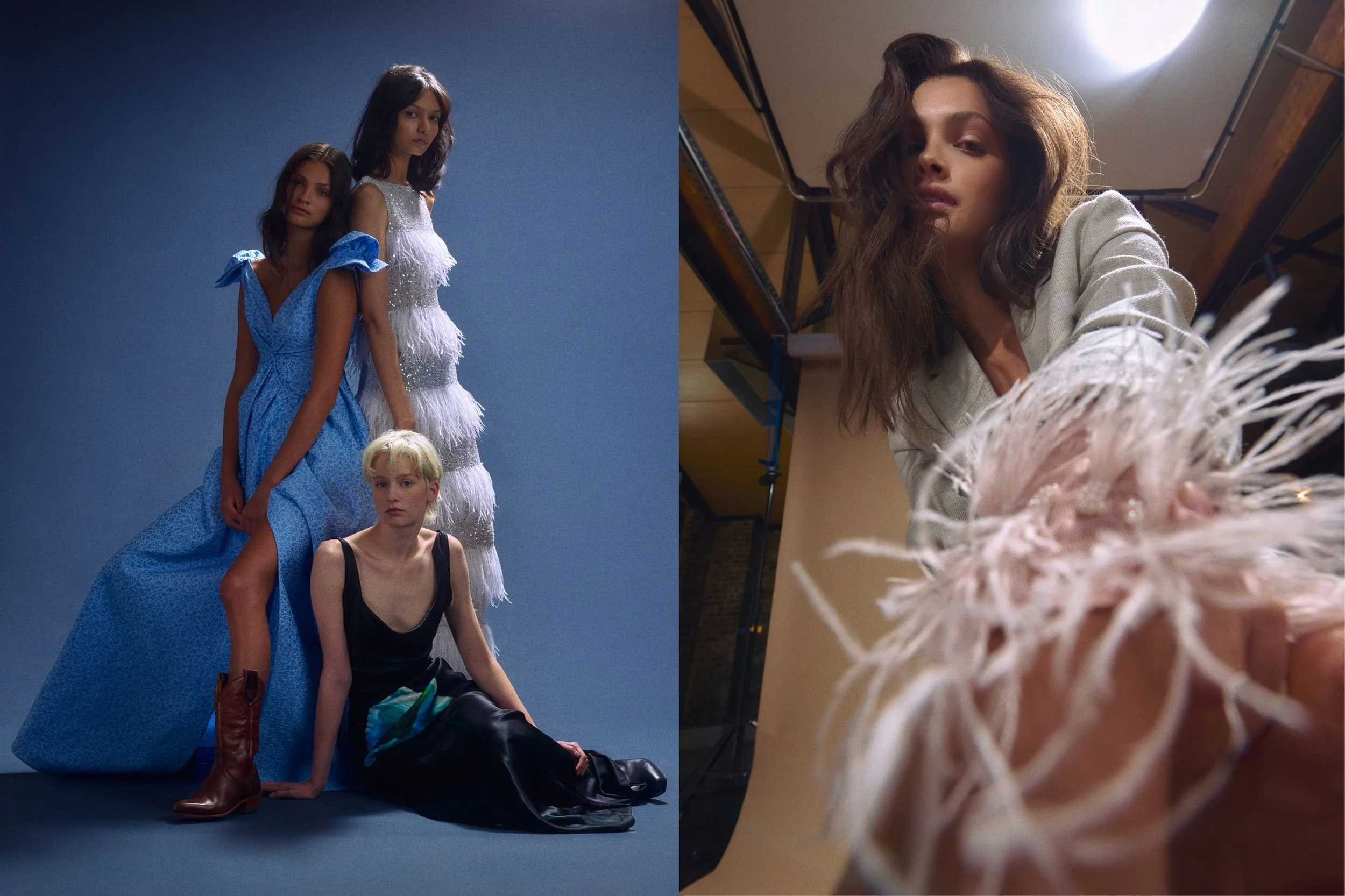  Left: Tess: COMMON HOURS bias cut dress, RM WILLIAMS boots // Paige: RACHEL GILBERT blue gown, RM WILLIAMS cowboy boots // Jasmine: RACHEL GILBERT white feather dress, RM WILLIAMS boots // Right: RONDA beaded dress, COS jacket 