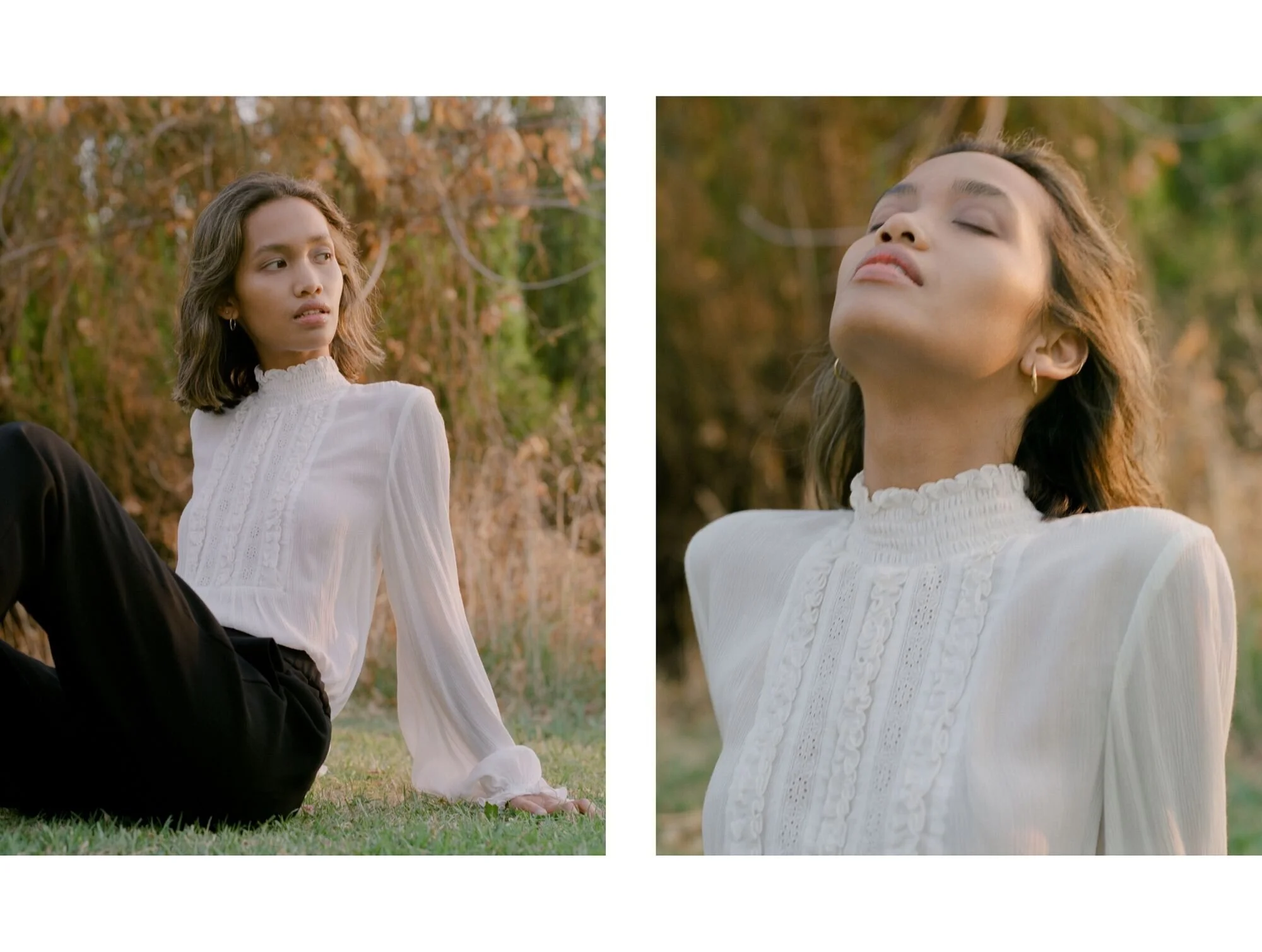 Khai wears Kate Sylvester shirt @kate_sylvester, J Crew trousers @jcrew, Model's Own Earrings
