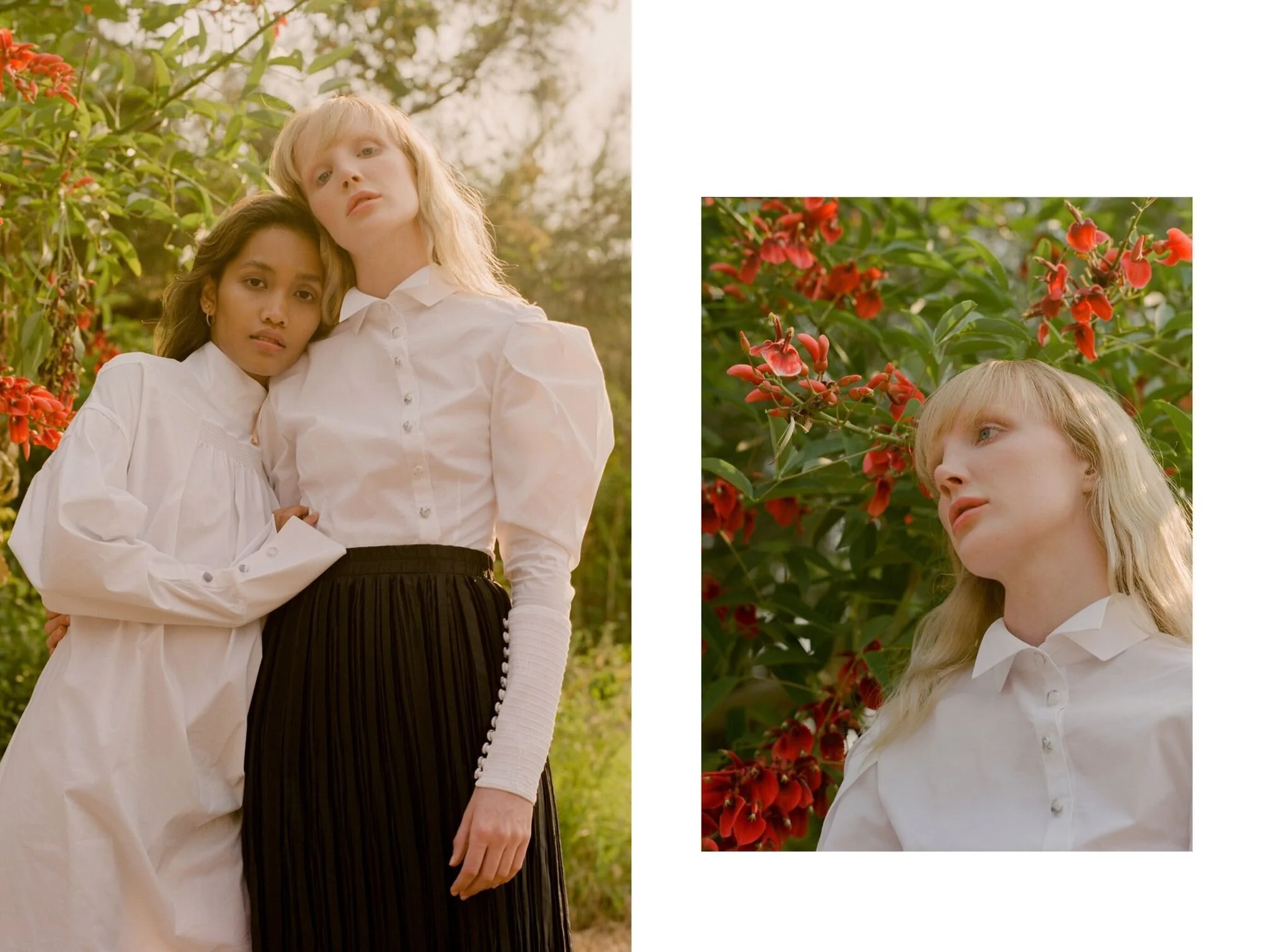 Khai wears Leo and Lin dress, Sans Beast clutch @sans.beast, Maria Farro sandals @mariafarrofootwear // Zhon wears Leo &amp; Lin shirt, Pleats Please by Issey Miyake skirt @pleatspleaseisseymiyake, Maria Farro sandals @mariafarrofootwear