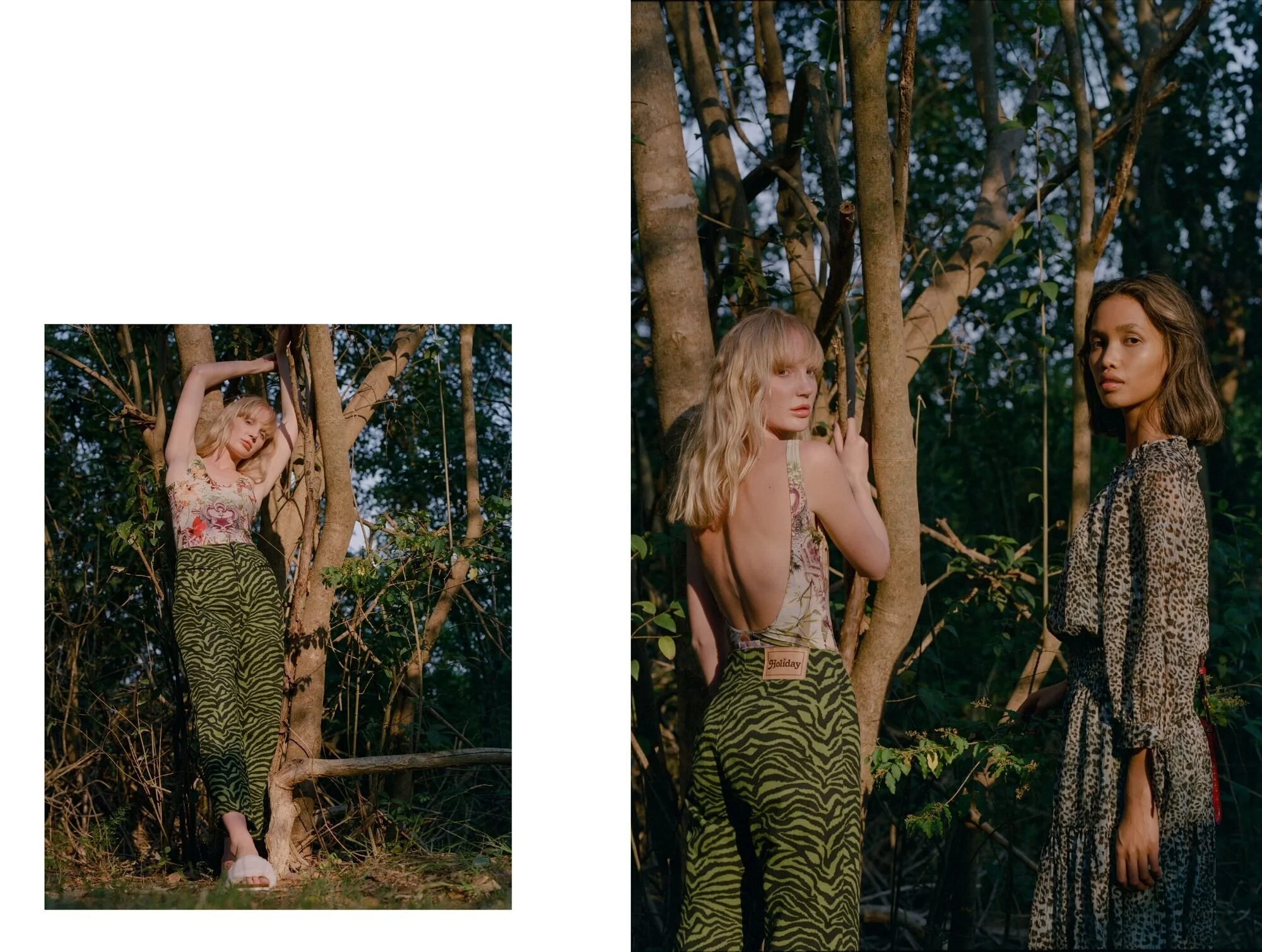 Khai wears Rebecca Taylor dress from Order of Style @rebeccataylornyc @orderofstyle , Sans Beast bag @sans.beast // Zhon wears Jean Paul Gaultier one piece @jeanpaulgaultier, Holiday The Label by Emma Mulholland jeans @holiday_the_label