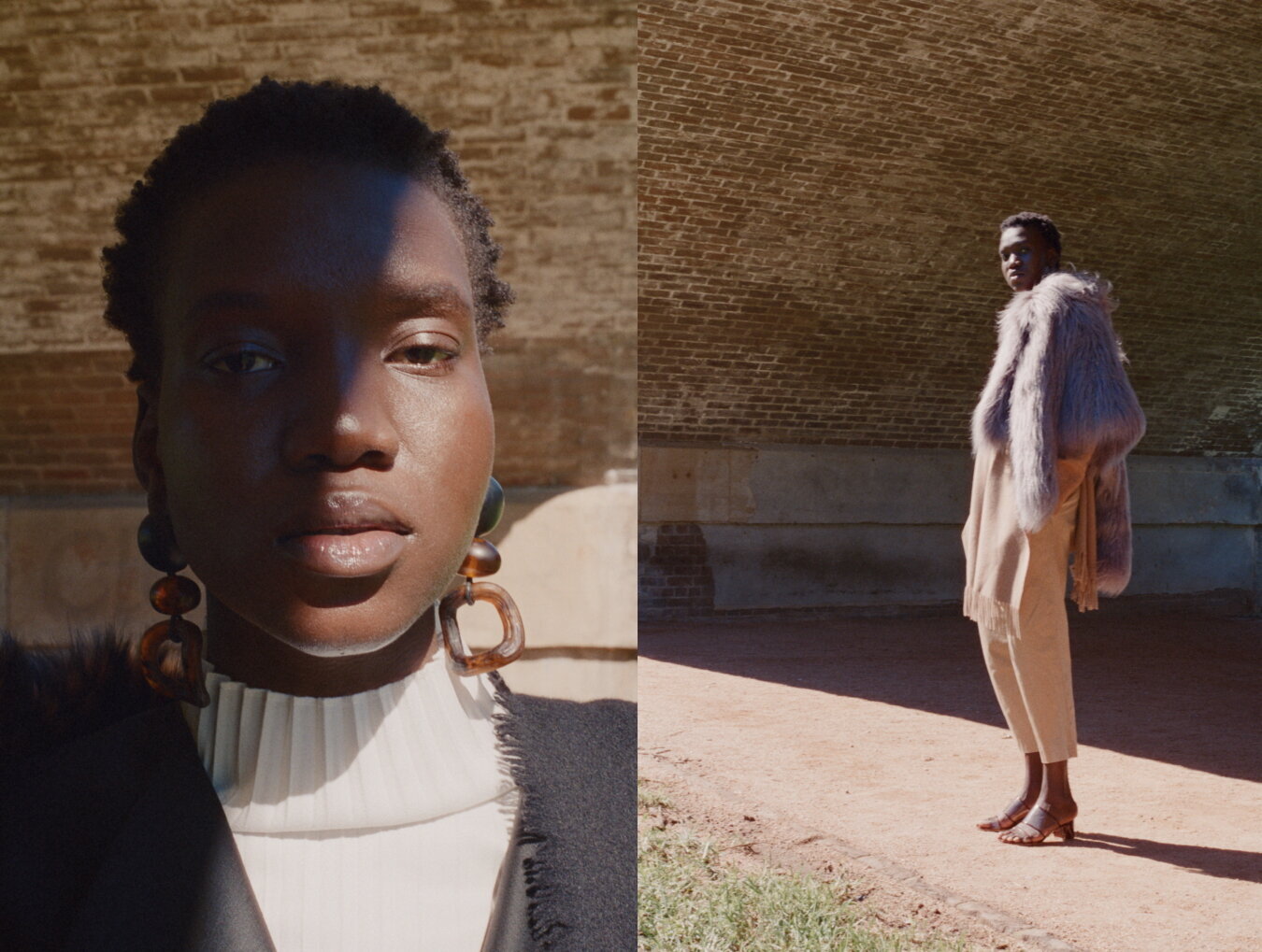 Left: Jacket Toteme, Coat Unreal Fur, Earrings Valet // Right: Jacket Unreal Fur, Shoes Maryann Nassir Zadeh, Scarf Acne Studios