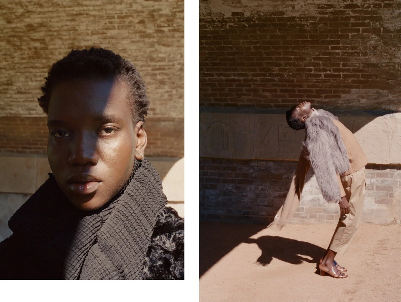 Left: Top worn as scarf Pleats Please by Issey Miyake, Coat Unreal Fur // Right: Jacket Unreal Fur, Shoes Maryann Nassir Zadeh, Scarf Acne Studios