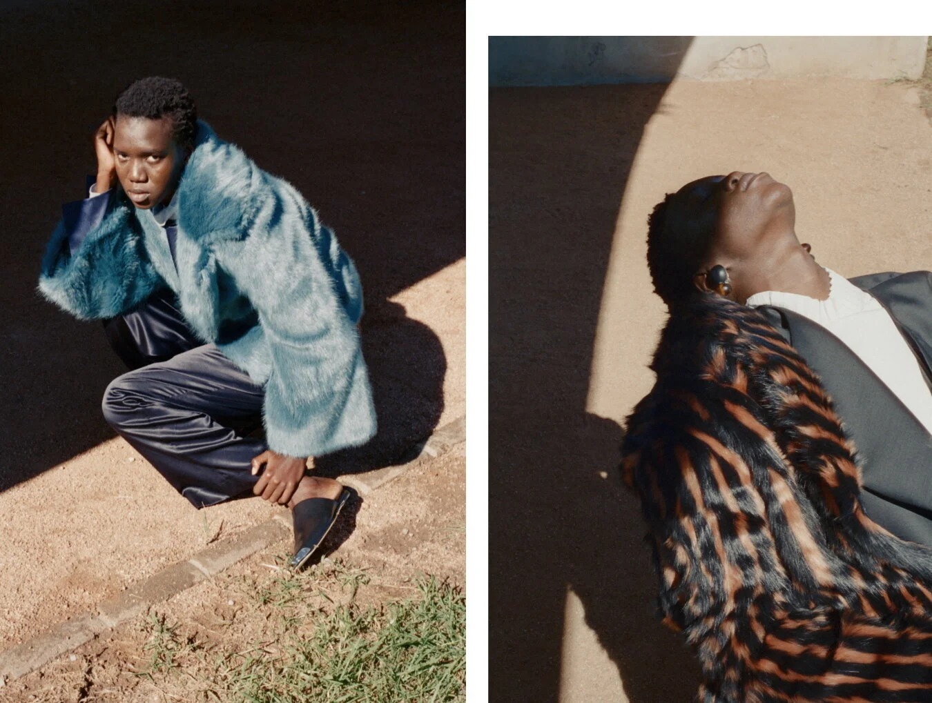 Left: Jacket Unreal Fur, Silk top Matin, Silk pants COS, Shoes Alexander Wang // Right: Jacket Toteme, Coat Unreal Fur, Earrings Valet