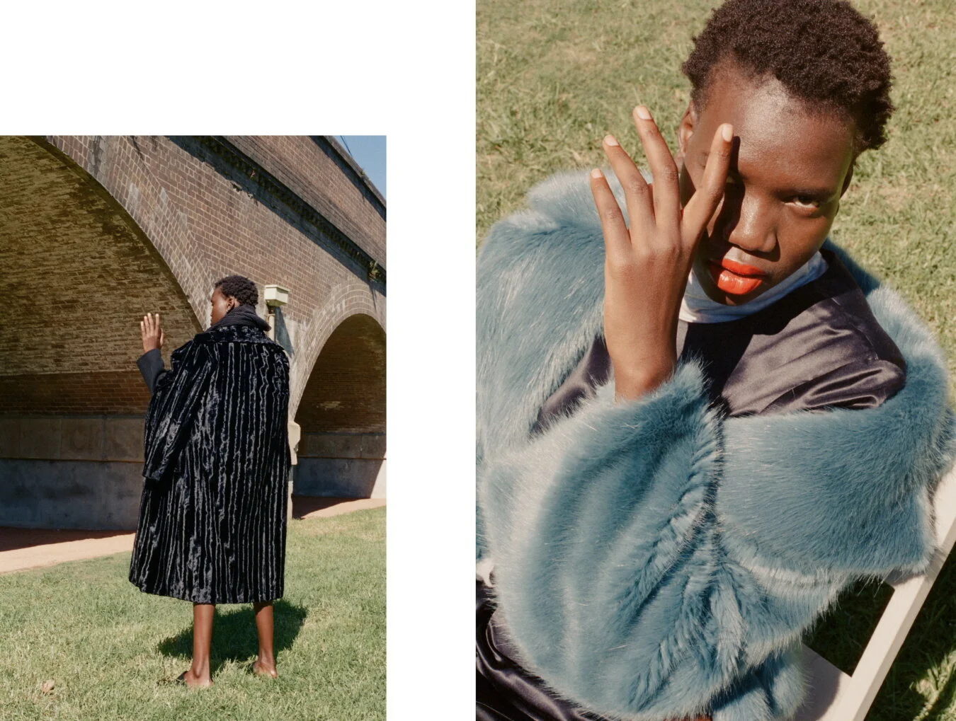 Left: Top worn as scarf Pleats Please by Issey Miyake, Coat Unreal Fur, Jacket Acne Studios, Shoes Alexander Wang // Right: Jacket Unreal Fur, Silk top Matin