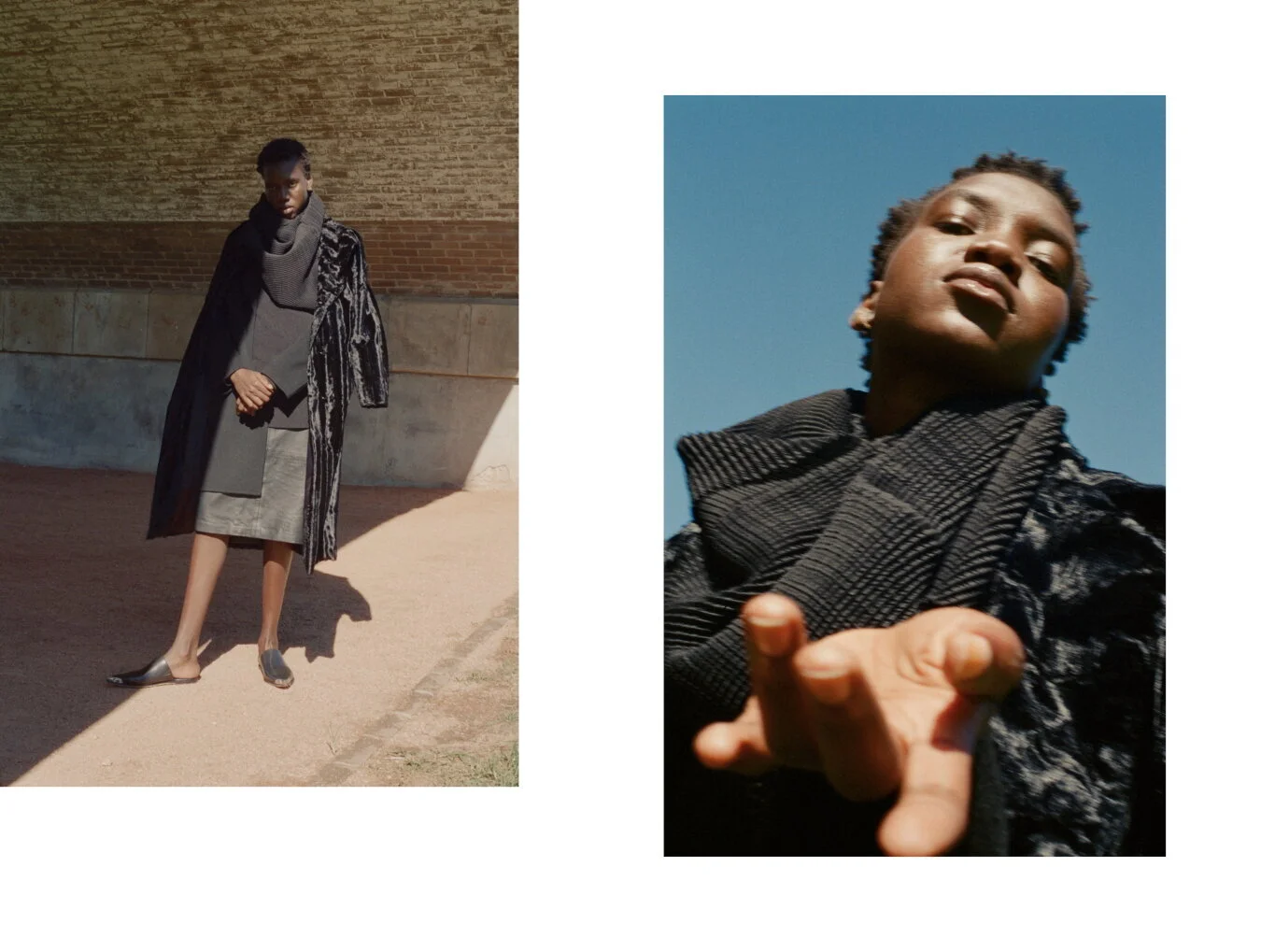 Top worn as scarf Pleats Please by Issey Miyake, Coat Unreal Fur, Jacket Acne Studios, Shoes Alexander Wang