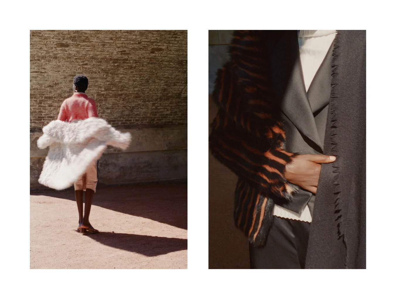 Left: Jacket Unreal Fur, Skirt T by Alexander Wang, Shoes Maryam Nassir Zadeh // Right Jacket Toteme, Coat Unreal Fur
