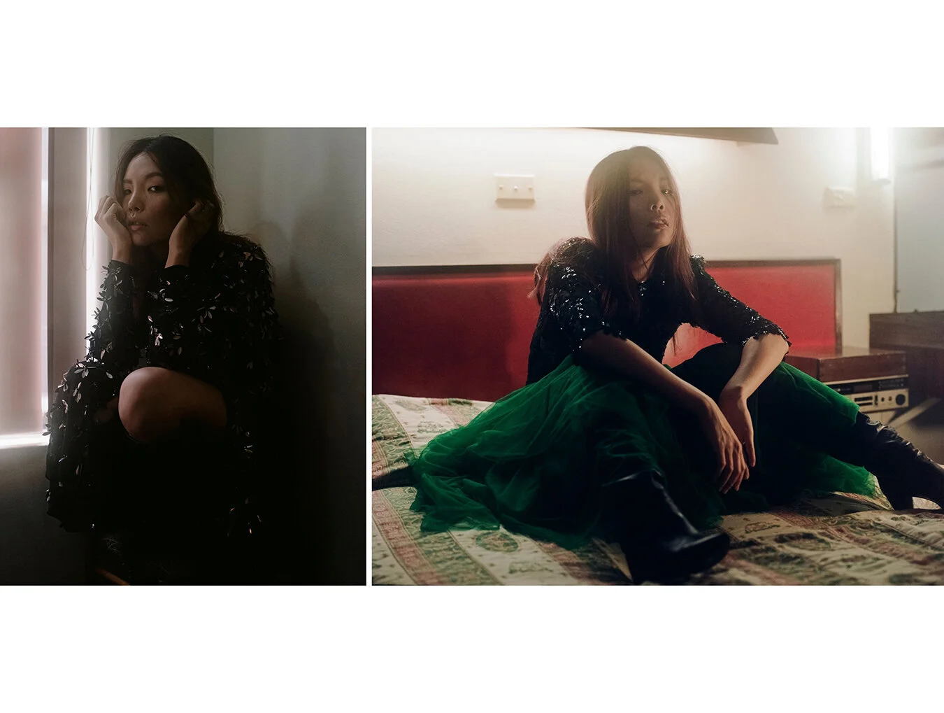 Left: Sequinned dress Rachel Gilbert, Beaded neck scarf E&amp;M Greenfield, Boots HIGH // Right: Sequin dress Meraki, Tulle skirts Trelise Cooper