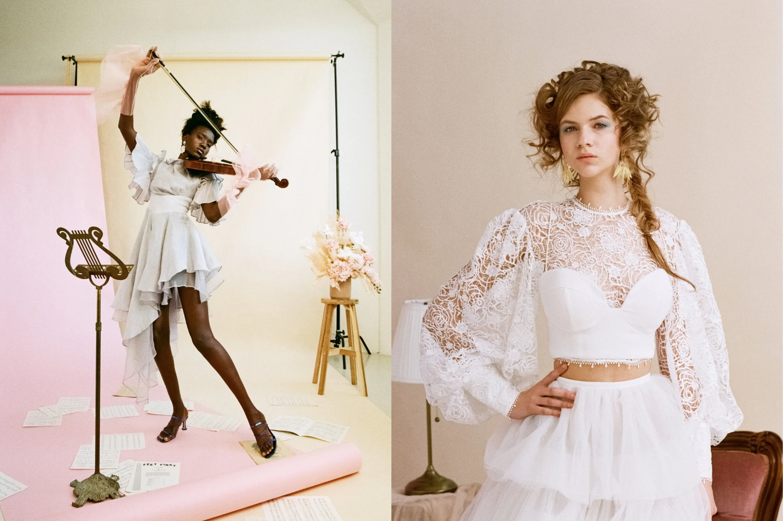 Left: Dress Leo &amp; Lin, Earrings by OmgFive, Shoes Kat Maconie // Right: Top Leo &amp; Lin, Gown Leah Da Gloria, Shoes Kat Maconie