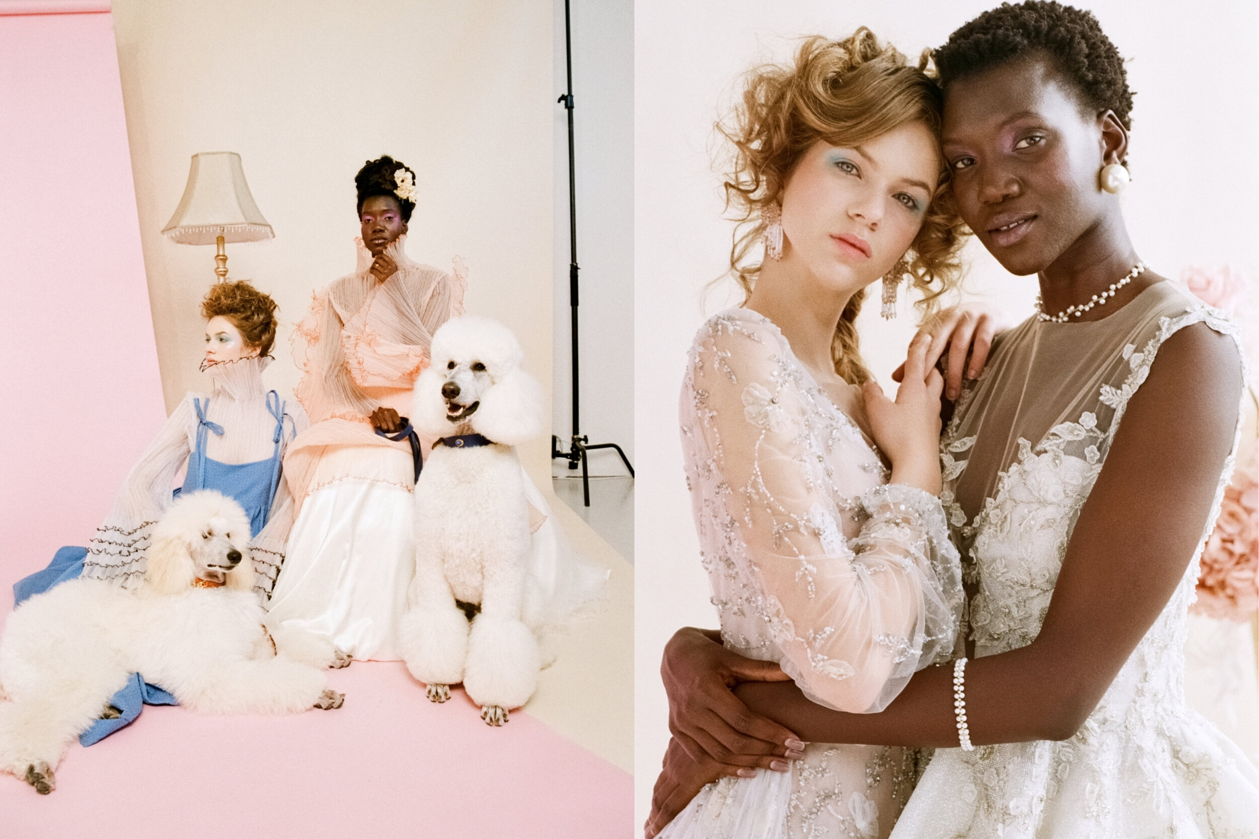 Left: Blue Dress Par Moi, Pleated Tops Katie Cranfield, Ivory Dress Stylists own // Right: Leah &amp; Gloria Gowns, Jewellery by OmgFive