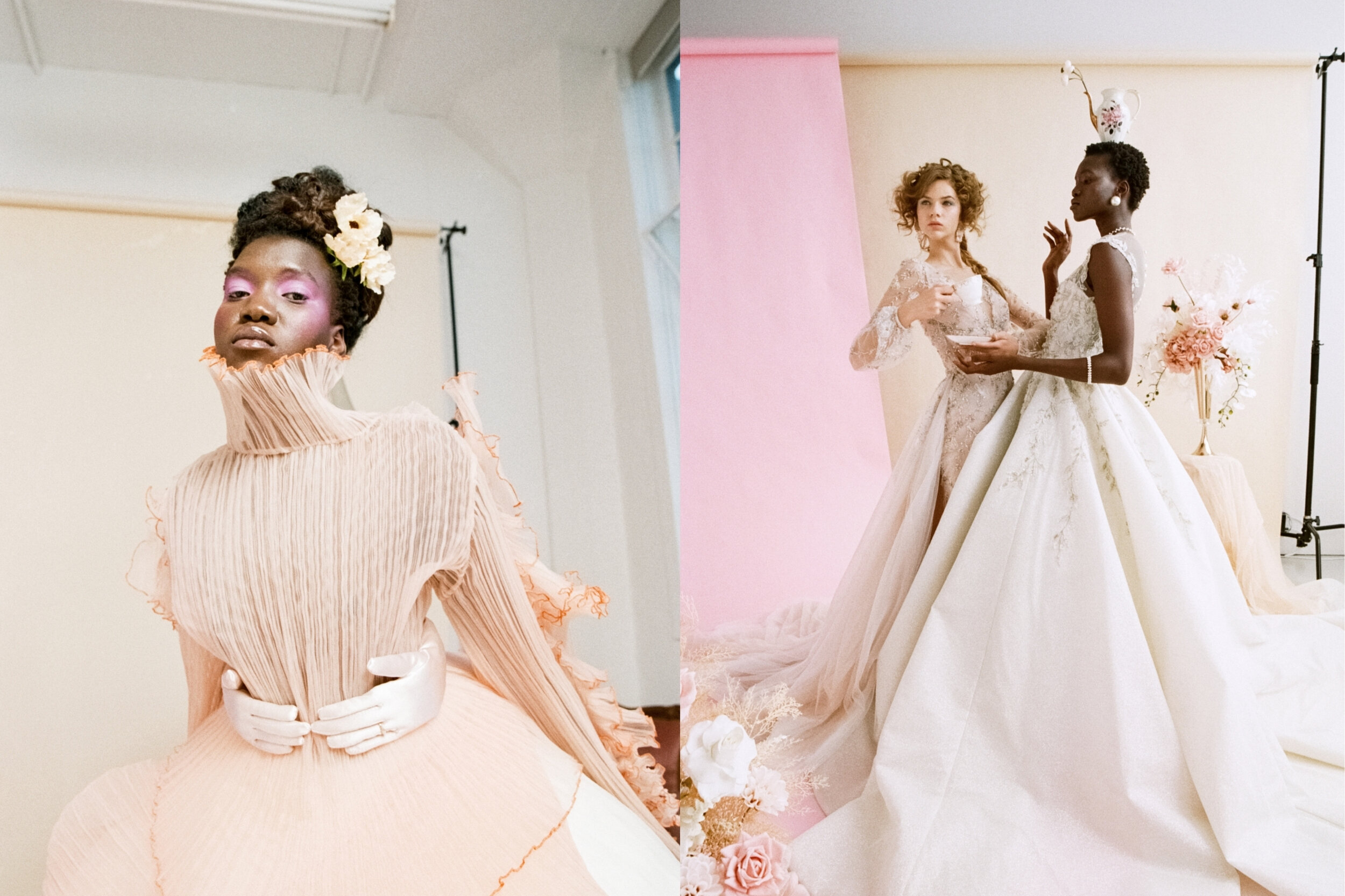 Left: Ivory Dress Stylists own // Right: Leah &amp; Gloria Gowns, Jewellery by OmgFive
