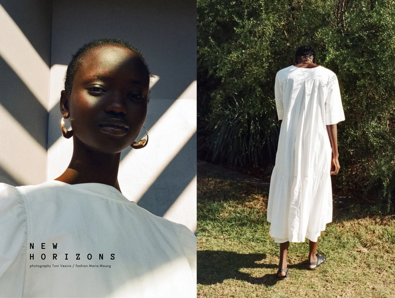 Left: Toteme blouse, Earrings stylist’s own // Right:: Lee Mathews dress, Stylist’s own skirt, Cos sandals