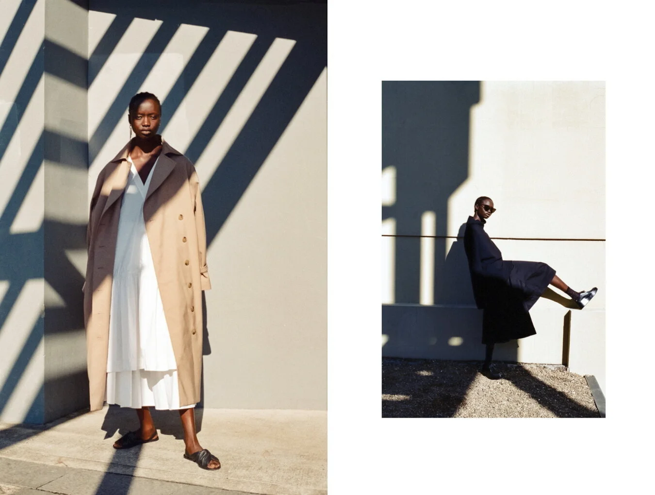 Left: Lee Mathews dress, Stylist’s own skirt, Toteme trench coat, Cos sandals, Stylist’s own earrings // Right: cos jumper, Jil Sander shoes, Bassike culottes, Le Specs sunglasses