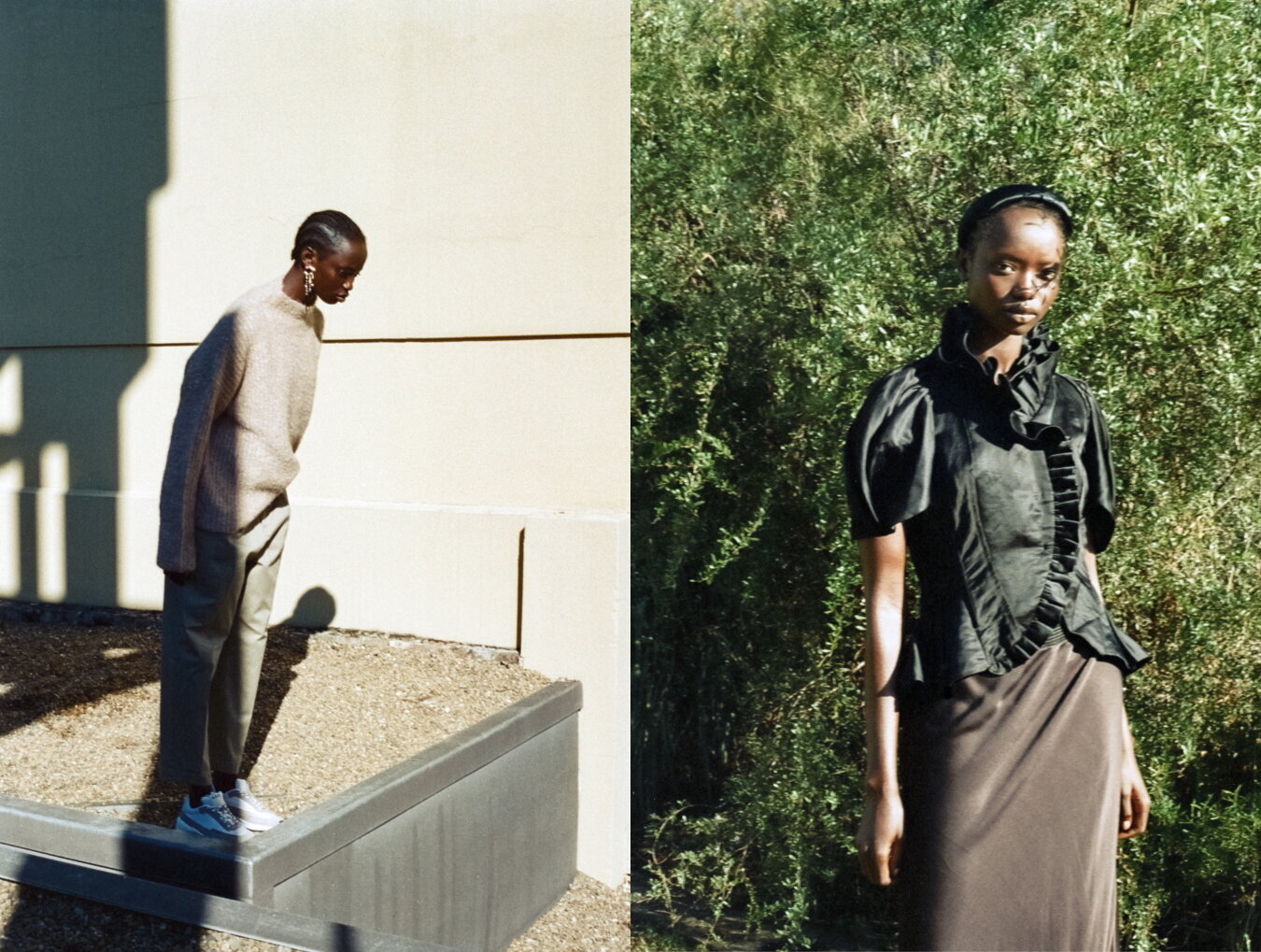 Left: Nique jumper, Stylist’s own pants, A.P.C. Sneakers, Stylist’s own earrings // Right: Aurelio Costarella top, Stylist’s own headband and skirt