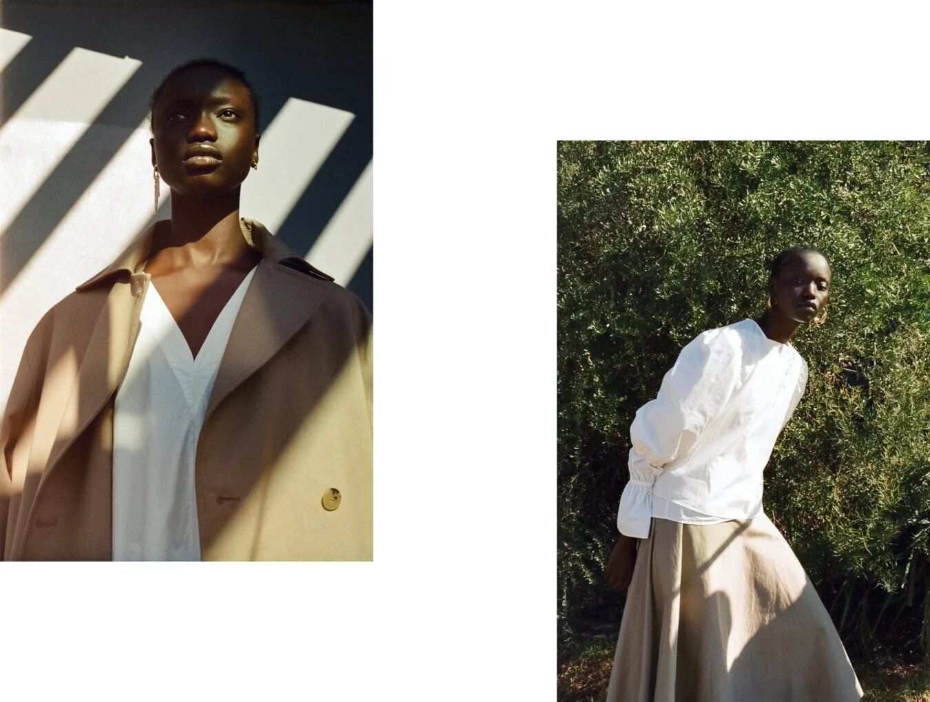 Left: Toteme trench coat, Lee Mathews dress, Stylist’s own earrings // Right: Toteme long sleeve top, Stylist’s own top, Stylist’s own skirt, Stylist’s own earrings