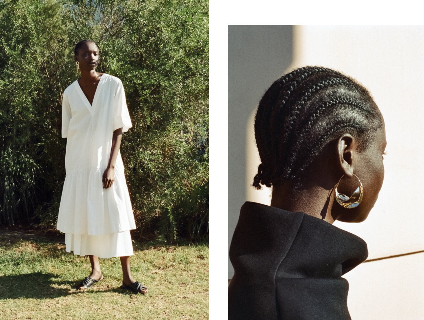 Right: Lee Mathews dress, Stylist’s own skirt , Cos sandals , Stylist’s earrings // Right: cos jumper, Stylist’s own earrings