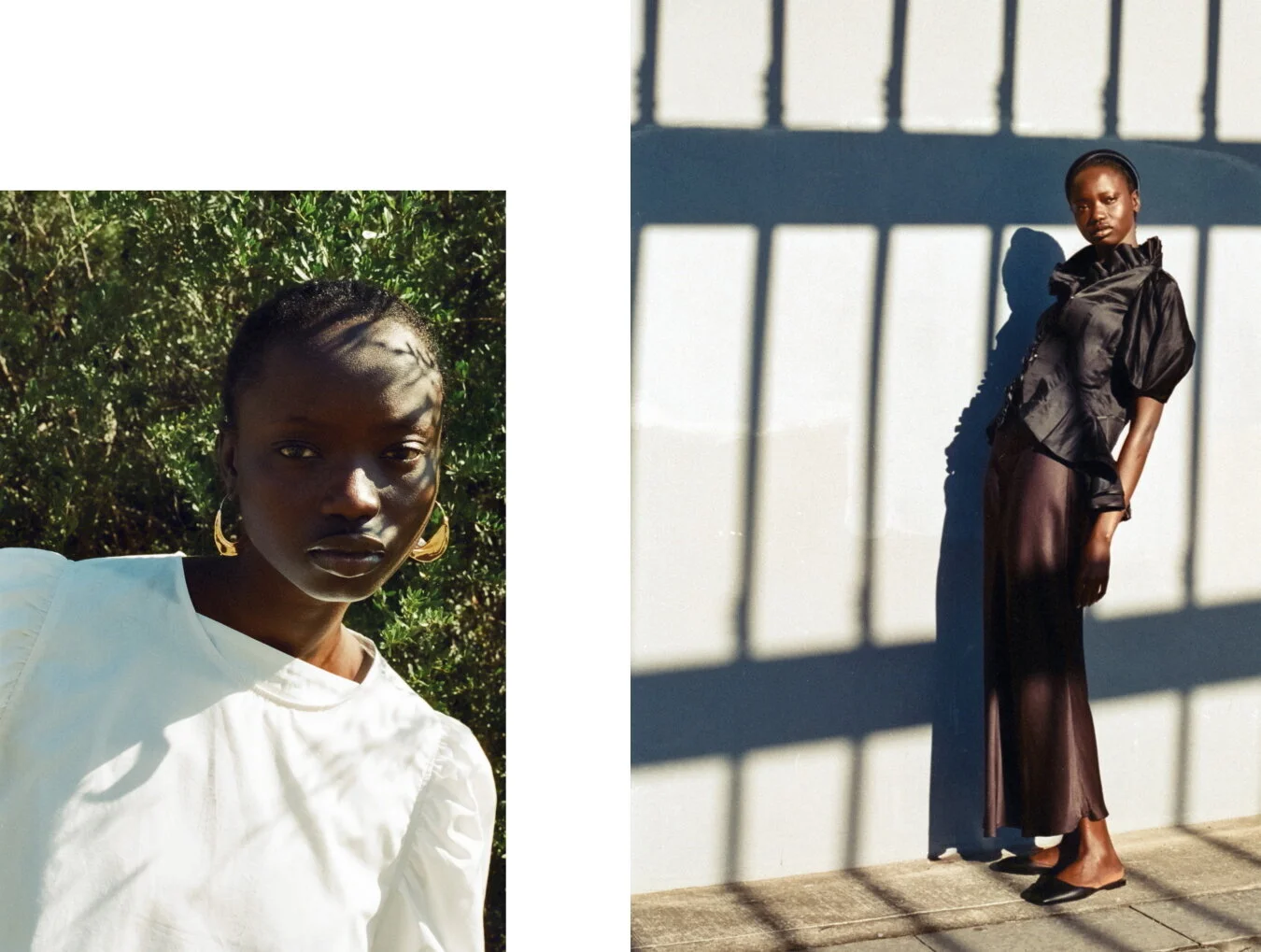 Left: Toteme top, Stylist’s own top, Stylist’s own earrings // Right: Aurelio Costarella top Nique skirt, Stylist’s own headband , Jil Sander mules