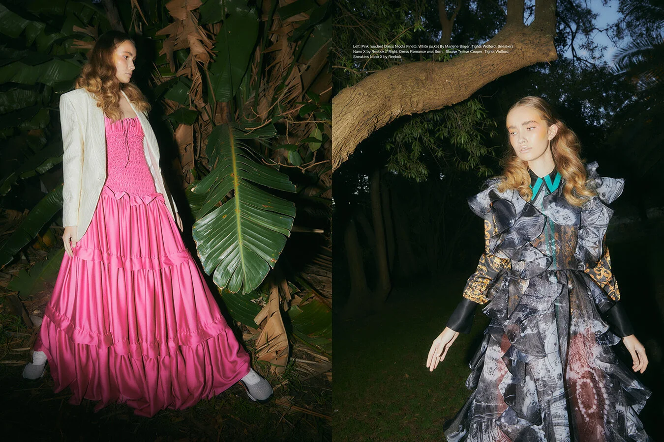 Left: Pink rouched Dress Nicola Finetti, White jacket By Marlene Birger, Tights Wolford, Sneakers Nano X by Reebok // Right: Dress Romance was Born, Blouse Trelise Cooper, Tights Wolford, Sneakers Nano X by Reebok