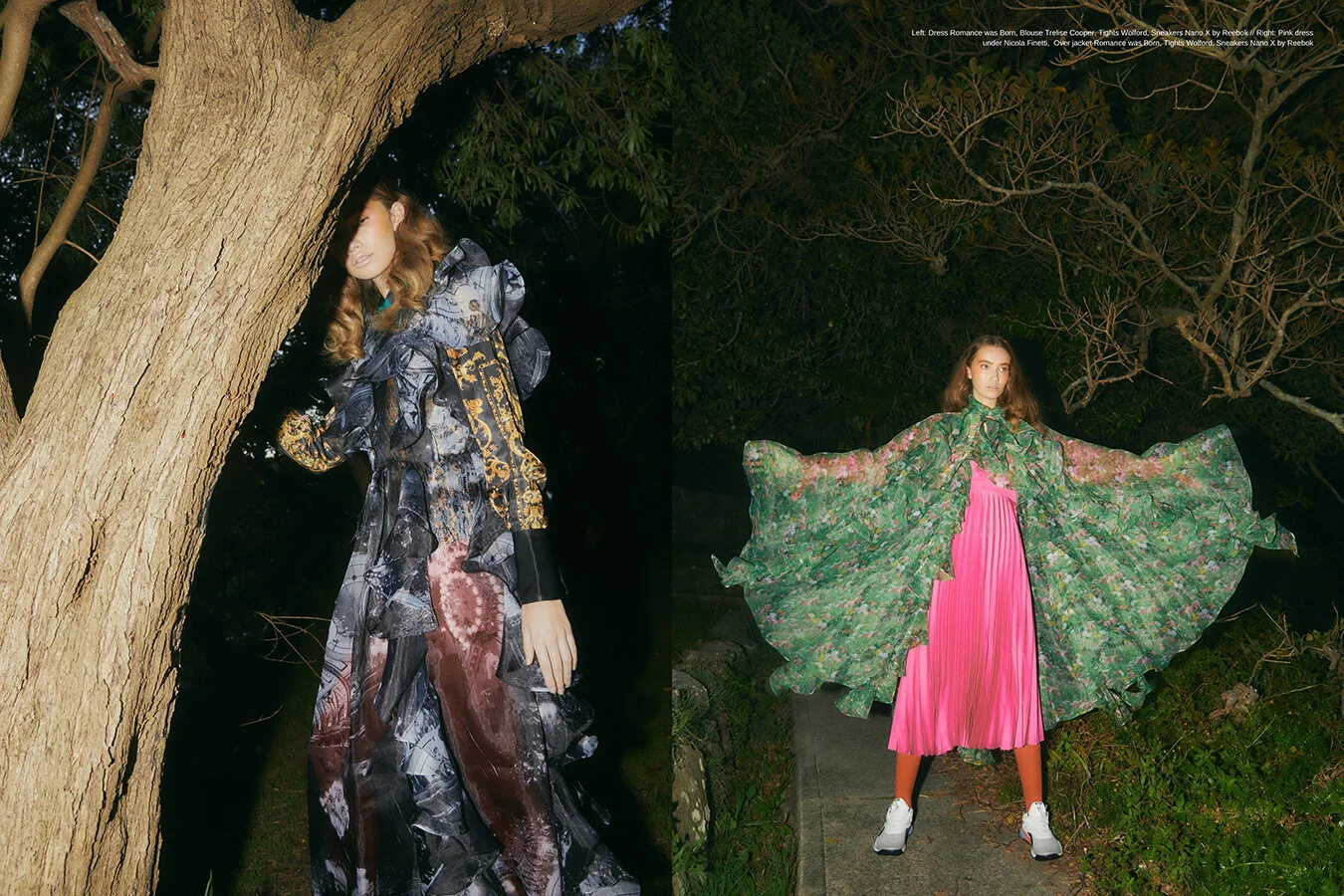 Left: Dress Romance was Born, Blouse Trelise Cooper, Tights Wolford, Sneakers Nano X by Reebok // Right: Pink dress under Nicola Finetti, Over jacket Romance was Born, Tights Wolford, Sneakers Nano X by Reebok