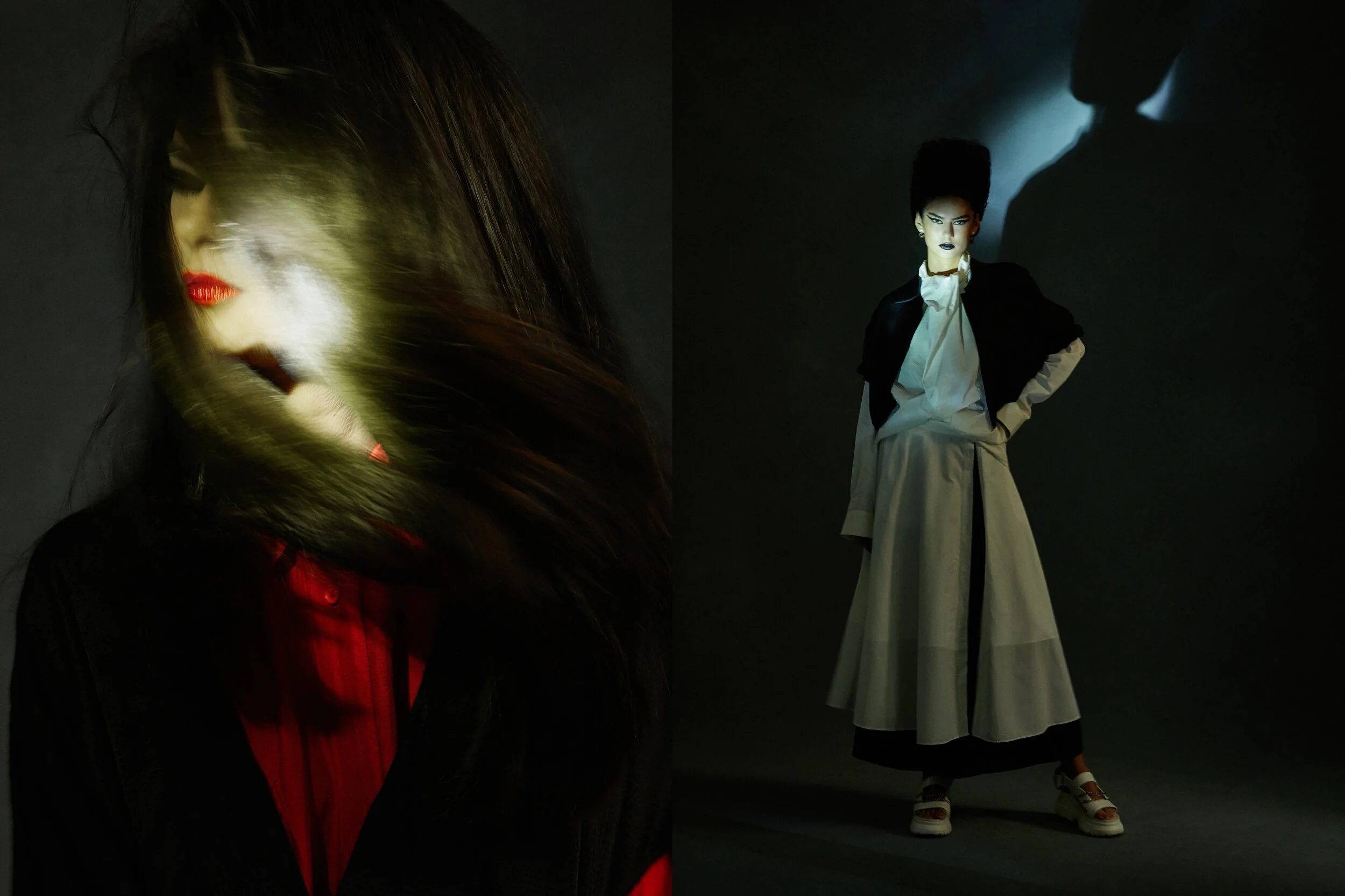 Left: Jac + Jack dress, Rubin &amp; Chappelle top // Right: Hache shirt, Sylvia Heisel jacket, Stylist's own skirt and shoes