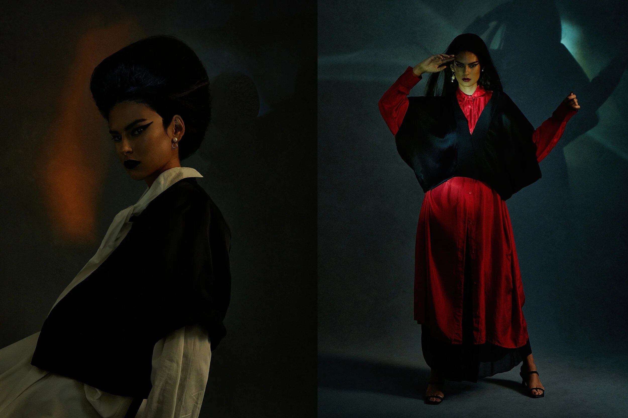 Left: Hache shirt, Toteme Jacket, Stylist's own earrings // Right: Jac + Jack dress, Rubin &amp; Chappelle top, Stylist's own pants, Sol Sana shoes