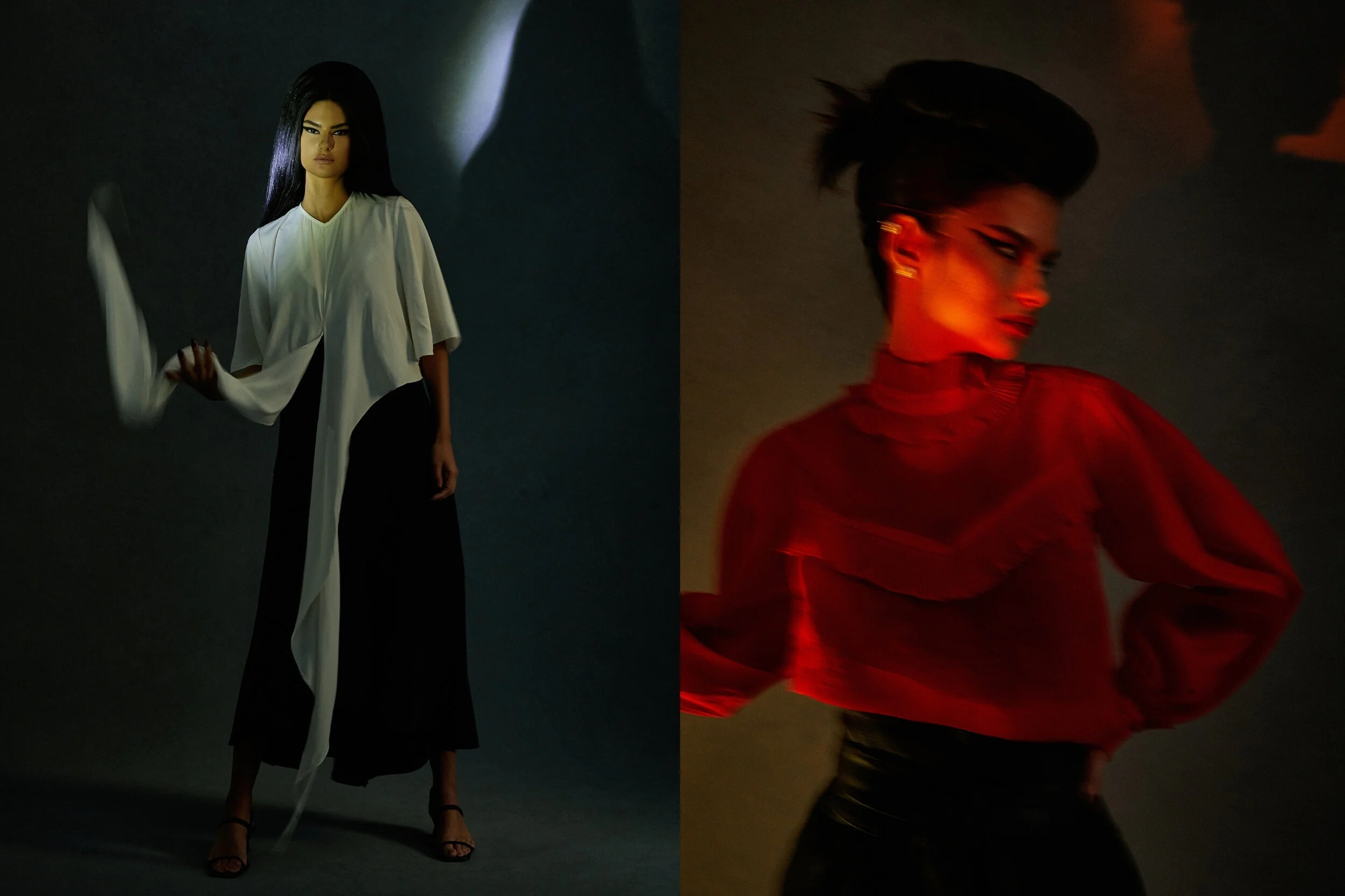 Left: Ellery top, Stylist's own pants, Sol Sana shoes // Right: Stylist's own top, Toteme dress, Stylist's own jewellery