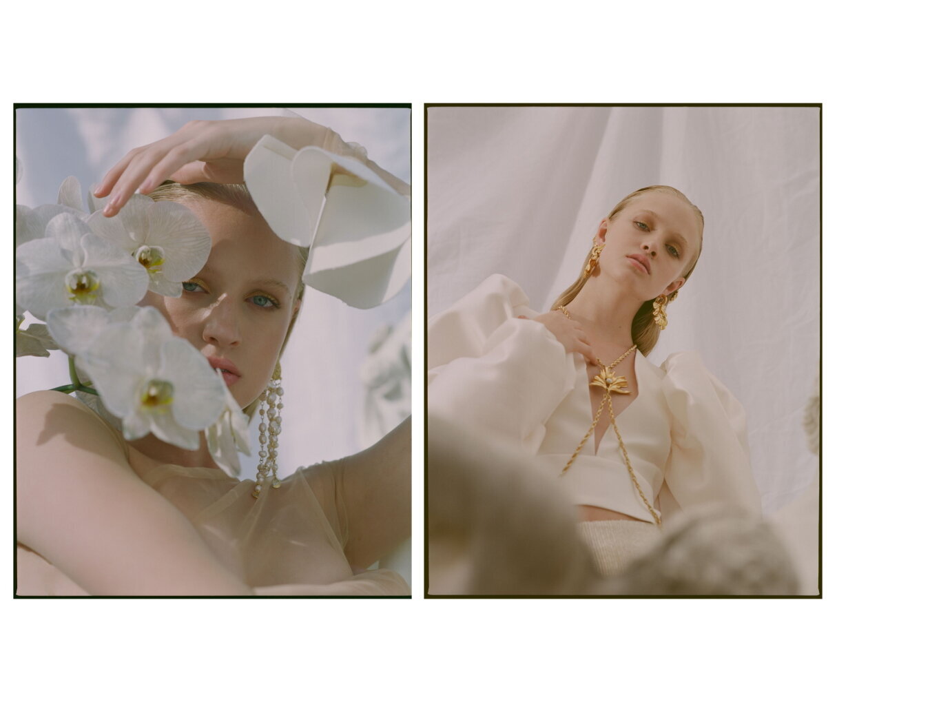 Left: Mariam Seddiq Top, Balyck Earrings // Right: Mariam Seddiq Top, Balyck Earrings &amp; Harness