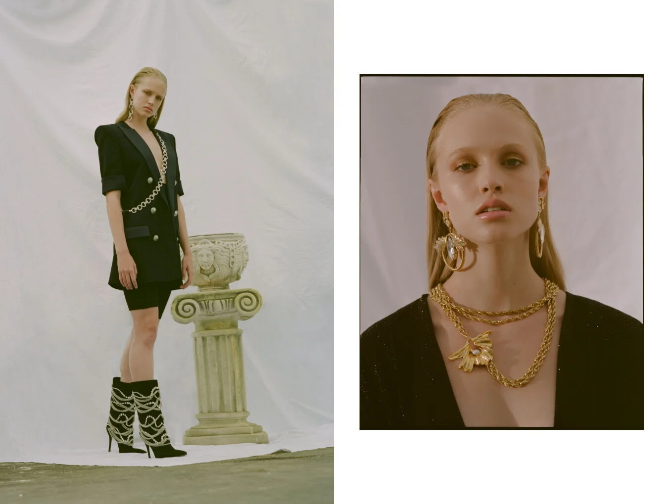 Left: Balmain Blazer Dress, Guiseppe Zanotti Boots, Balyck Earrings &amp; Harness // Right: Alexandre Vauthier Dress, Balyck Earrings &amp; Necklace
