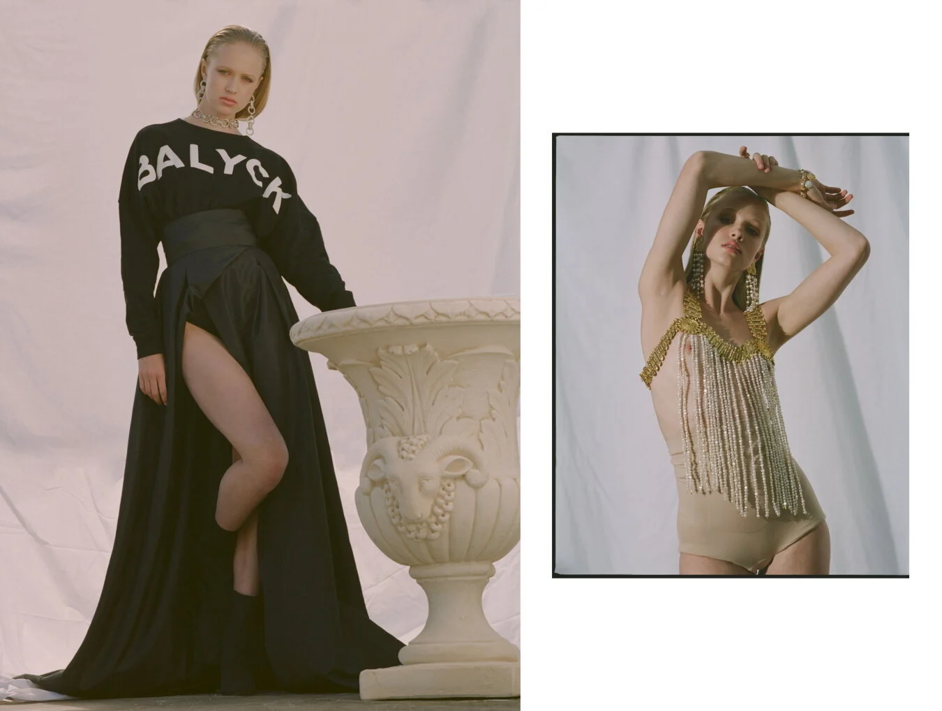Left: Balyck Sweater, Mariam Seddiq Skirt // Right: Balyck Couture Bodysuit, Balyck Earrings &amp; Bracelet