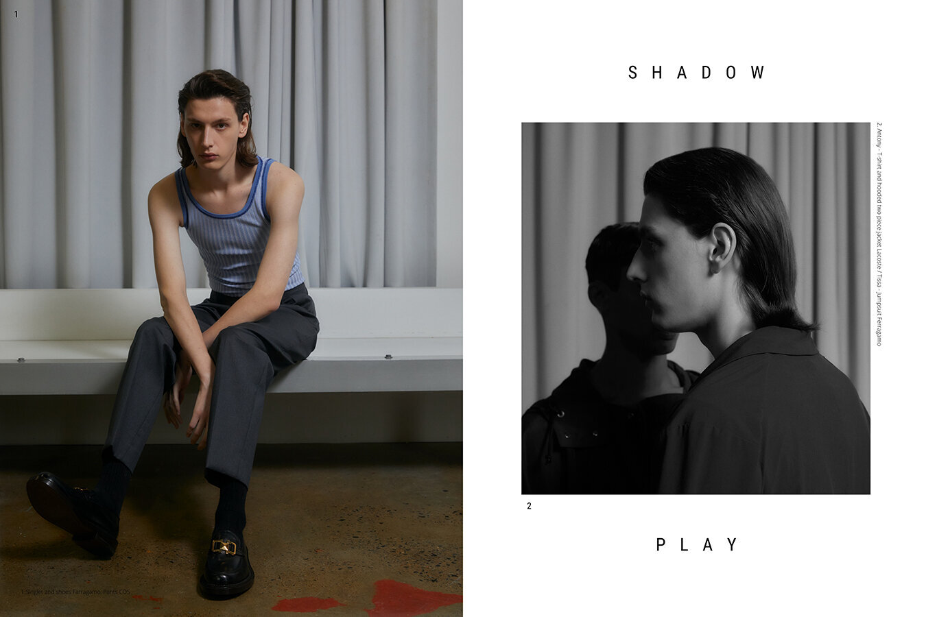 1. Singlet and shoes Farragamo, Pants COS / 2. Antony - T-shirt and hooded two piece jacket Lacoste / Tissa - Jumpsuit Ferragamo