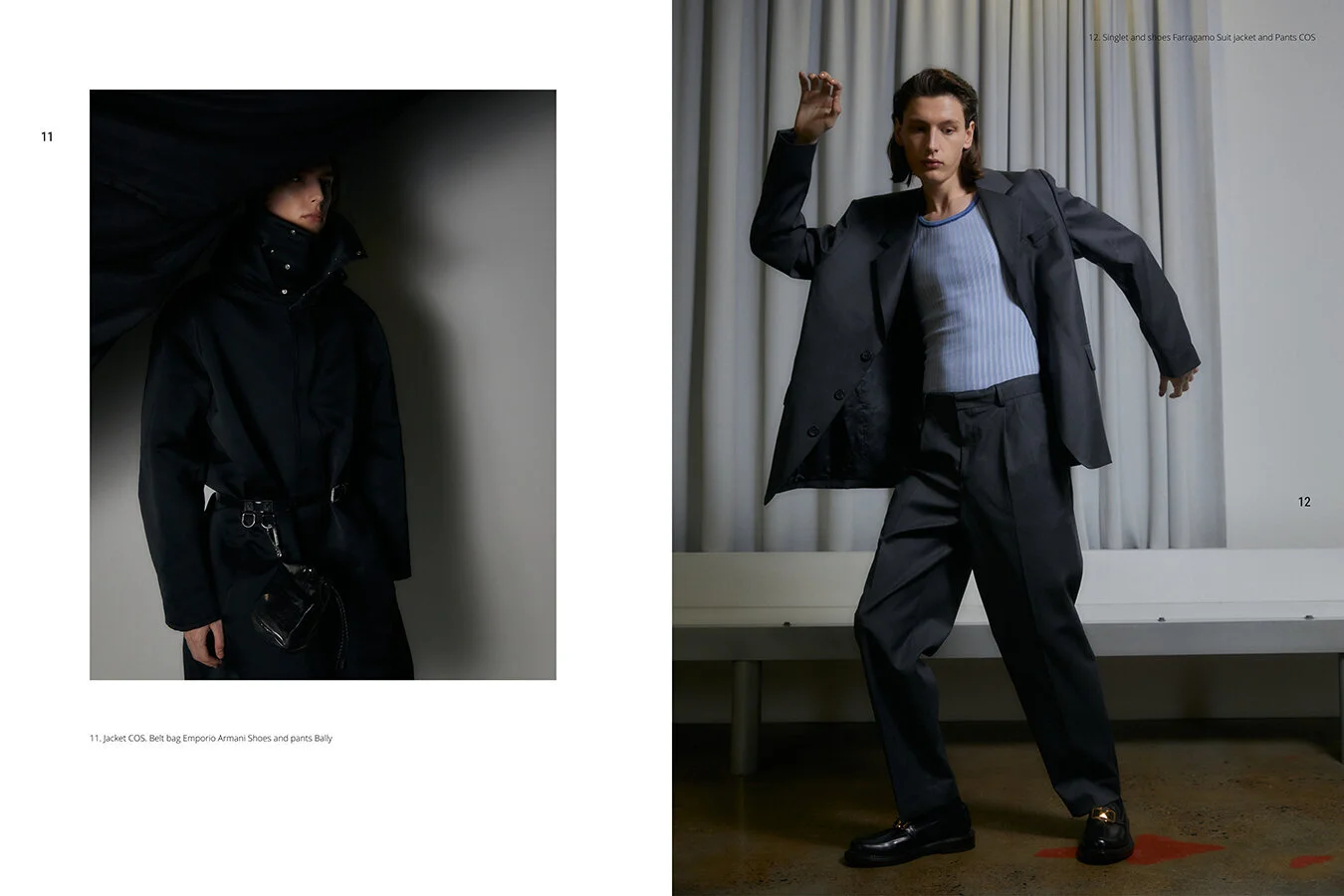 11. Jacket COS. Belt bag Emporio Armani Shoes and pants Bally / 12. Singlet and shoes Farragamo Suit jacket and Pants COS