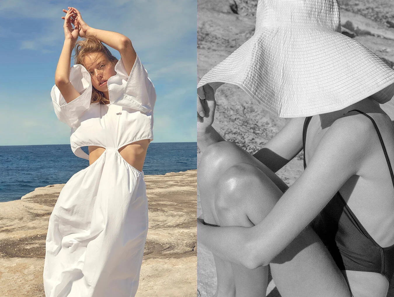 Left: Dress Georgia Alice // Right: Swimwear FAE swim, Hat Mimco