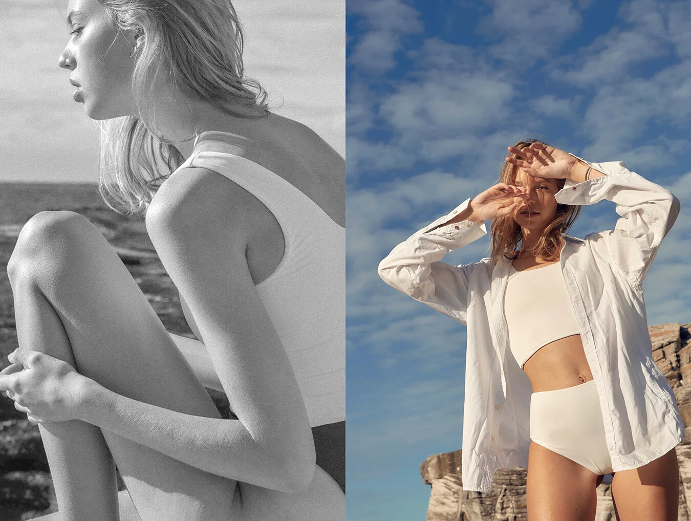 Left: Swimwear AEXAE Swim // Right: Swimwear AEXAE Swim, Jewellery Sarah and Sebastian Jewellery, Top ACNE Studios