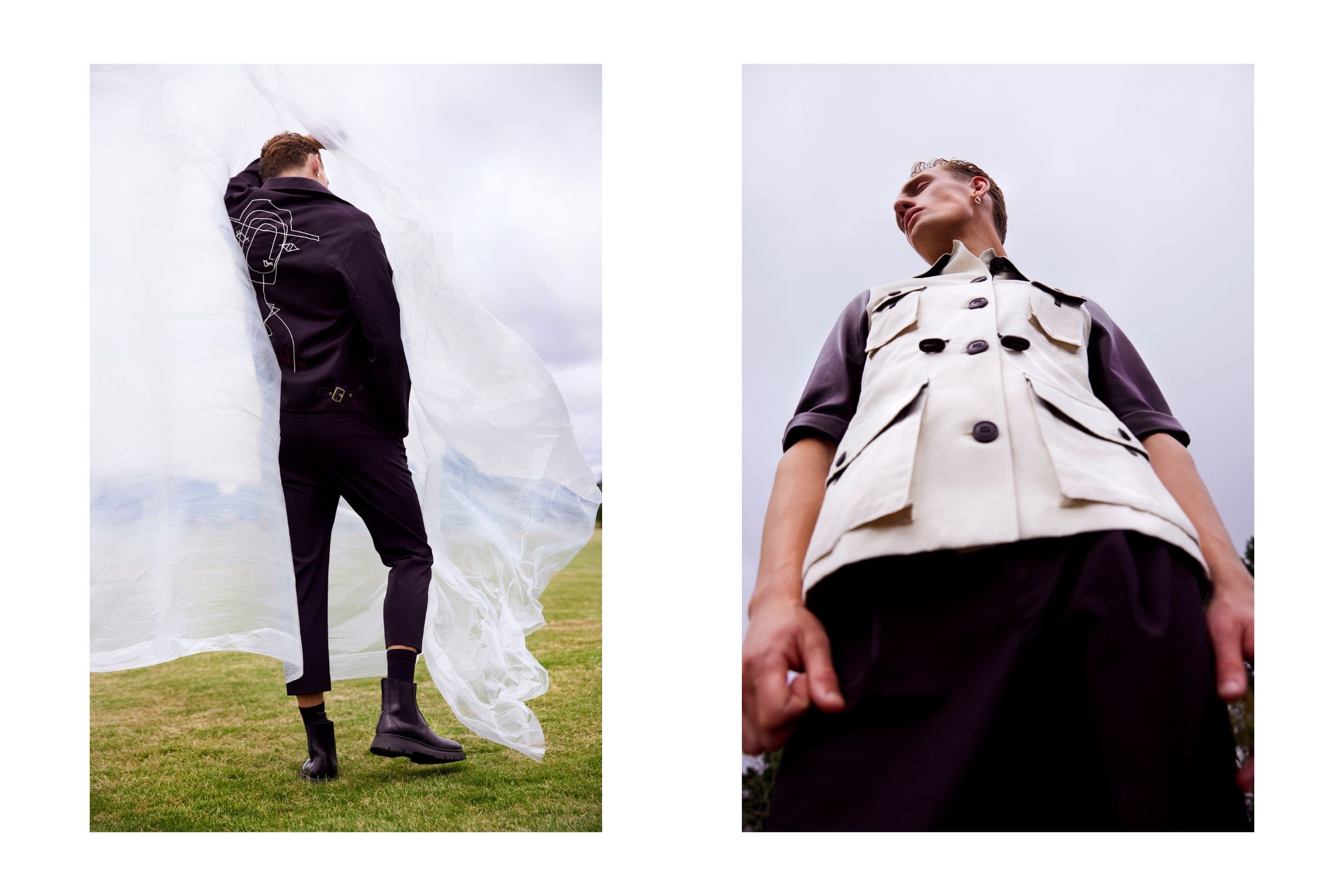   Yohji Yamamoto jacket. Song For The Mute pants. Dr Martens boots // Bally Resort 2012 safari shirt at KOT-J. Never Never earring   
