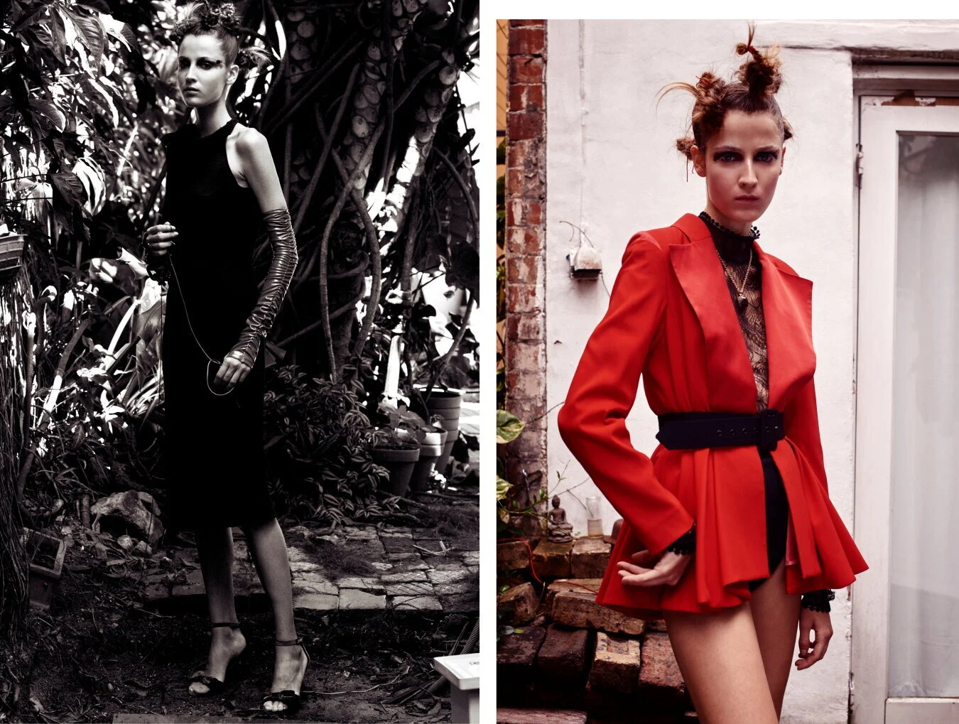 Left: Dress Maticevski, Rubber glove MD, Shoes Senso / Right: Jacket Trelise Cooper, Belt Asilio, Top Leo and Lin, Necklace Reliquia