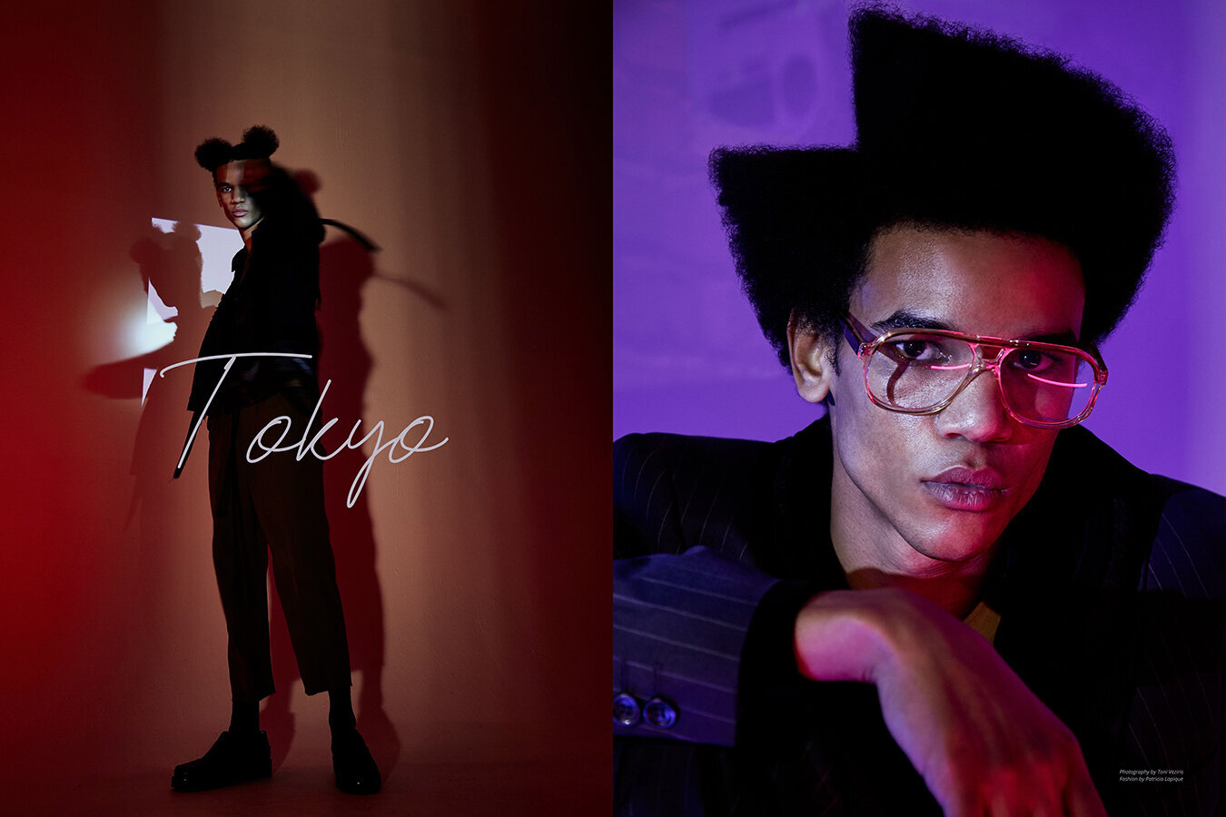 Left: Song for the Mute jacket and pants, Chin Menswear shirt from Kot-J store, Bally shoes // Right: Just Cavalli suit via Kot-J store and Iglesias glasses.