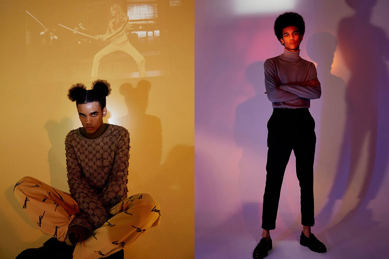 Left: Cos turtleneck jumper and boots, Loewe jumper from Kot-J store and Lacoste track pants // Right: Bally total look.