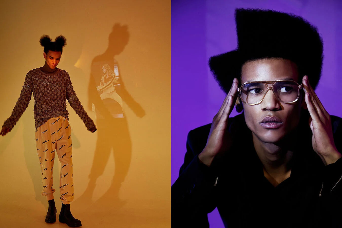 Left: Cos turtleneck jumper and boots, Loewe jumper from Kot-J store and Lacoste track pants // Right: Just Cavalli suit via Kot-J store, Song for the Mute hoodie and Iglesias glasses.