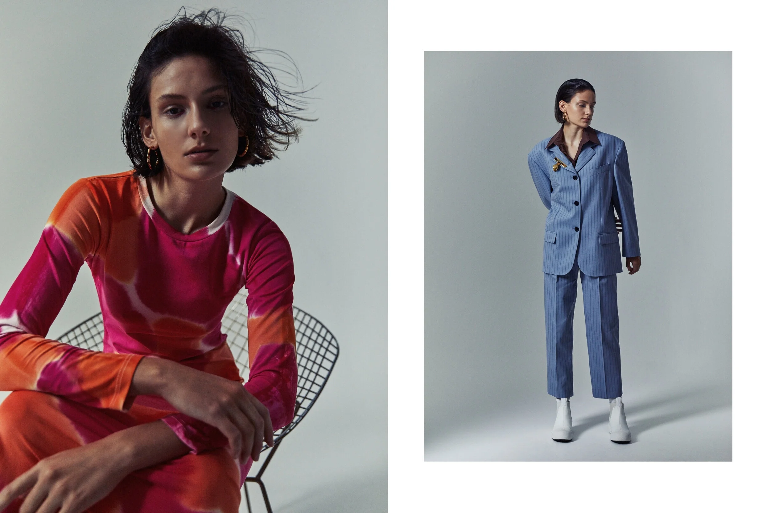 Left: Gary Bigengi dress, Earrings Holly Ryan // Right: Acne suit, Michael La Sordo top, Bally shoes, Oroton clip