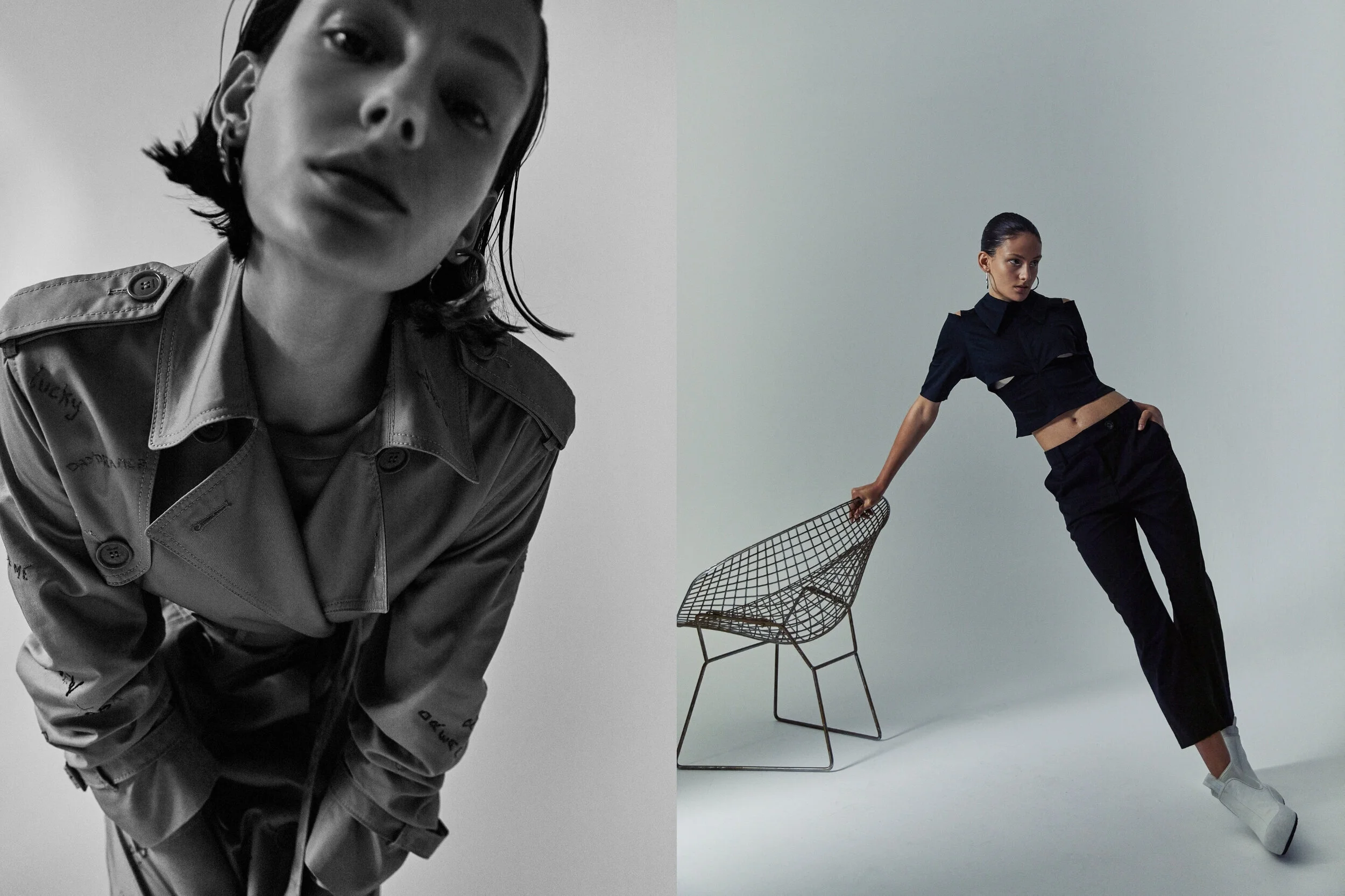 Left: Coach coat, Earrings Holly Ryan // Right: Anna Quan shirt and trousers, Earrings Holly Ryan and Bally shoes