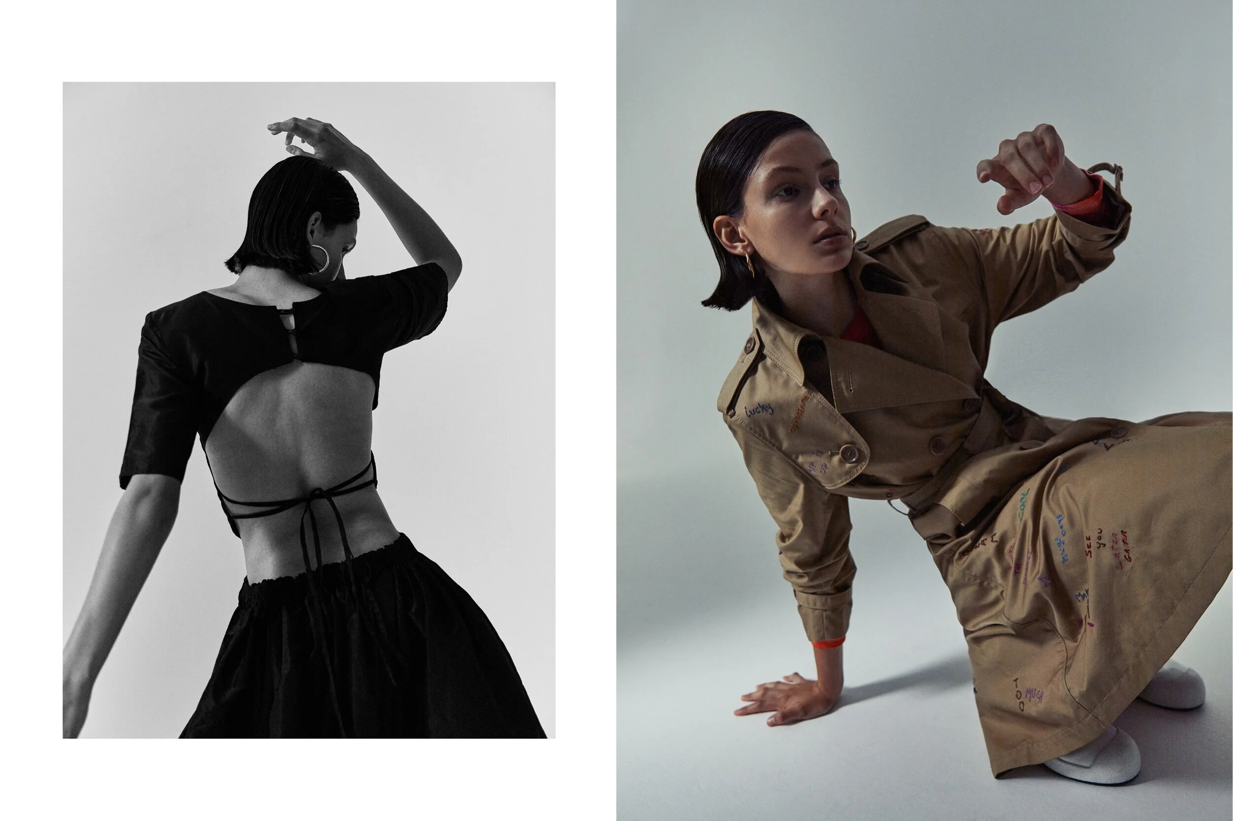 Left: Auteur Studio dress // Right: Gary Bigengi dress, Coach coat