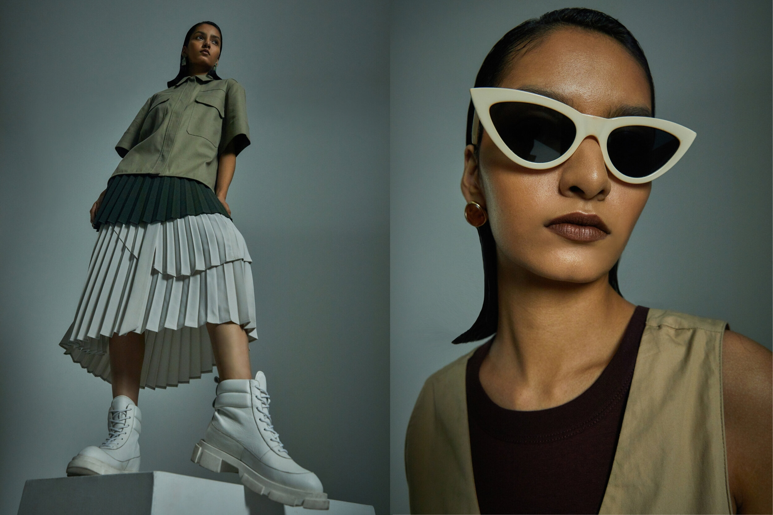Left: Equipment Femme shirt, Dion lee Dress, Beaufille skirt, Alexis Bittar earrings, Alias Mae boots courtesy of the Iconic // Right: Camilla &amp; Marc top, Camilla &amp; Marc skirt, Celine sunglasses, Stylist's own dress and earrings, Billini boots courtesy of the Iconic