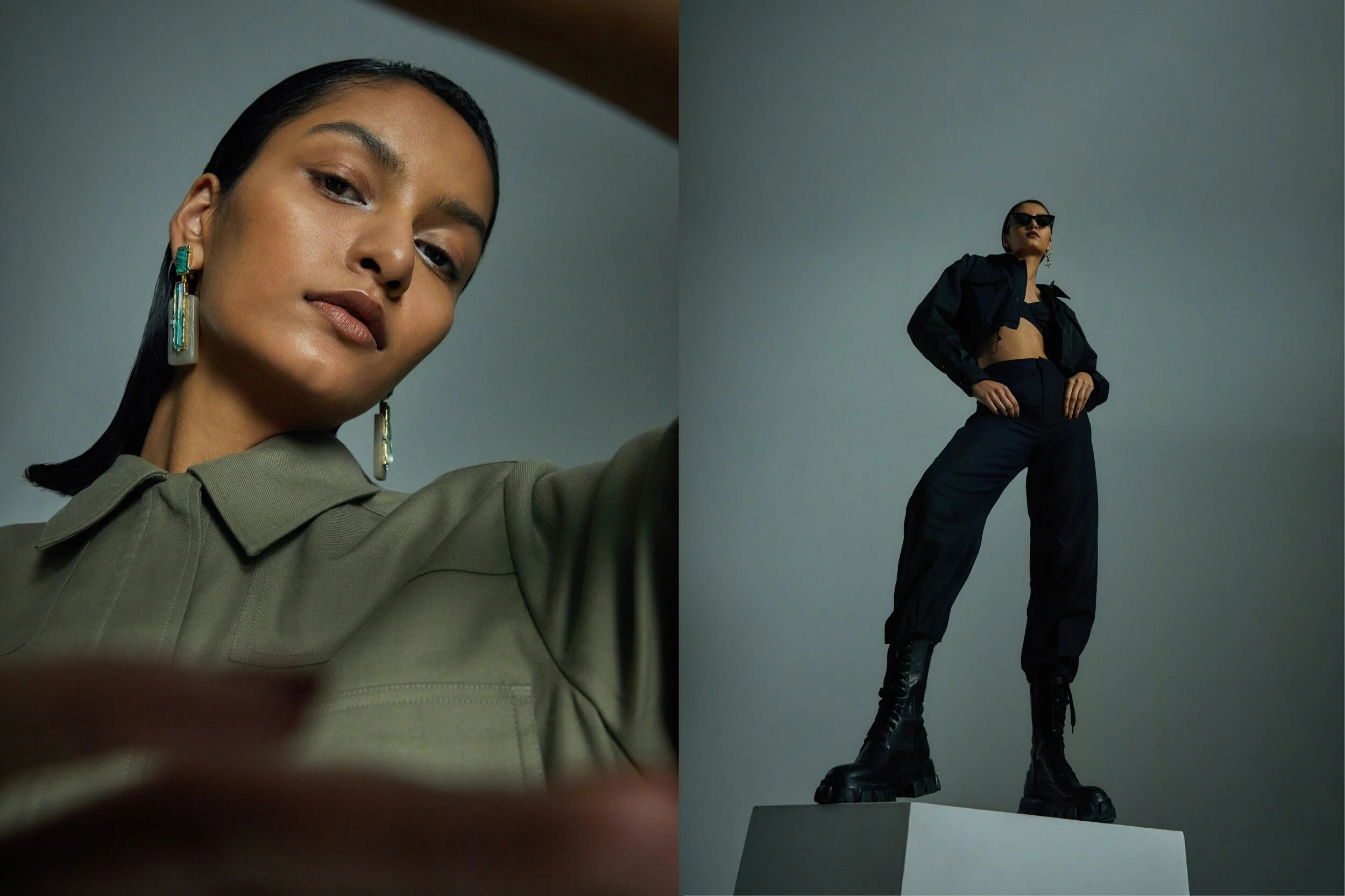 Left: Equipment Femme shirt, Alexis Bittar earrings // Right: Stylists own jacket, Toteme Pants, Aere boots courtesy of the Iconic, Le Spec Sunglasses