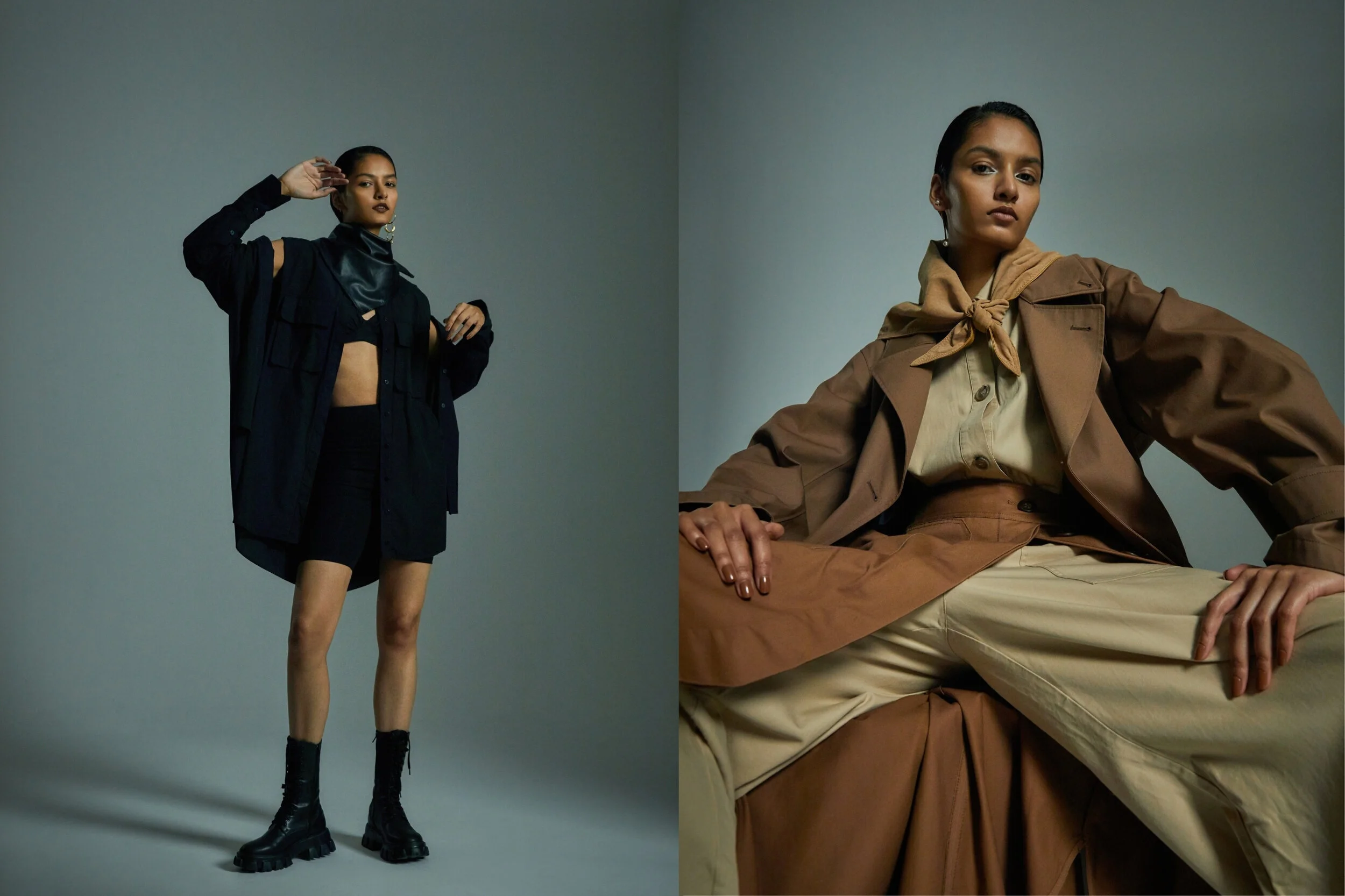 Left: Stylist's own shirts, shorts and bralette, Maria Black earrings, Aere boots courtesy of the Iconic // Right: COS jumpsuit, Lee Mathews skirt, Stylist's jacket and scarf, Chloe pearl earring, Alias Mae boots courtesy of the Iconic