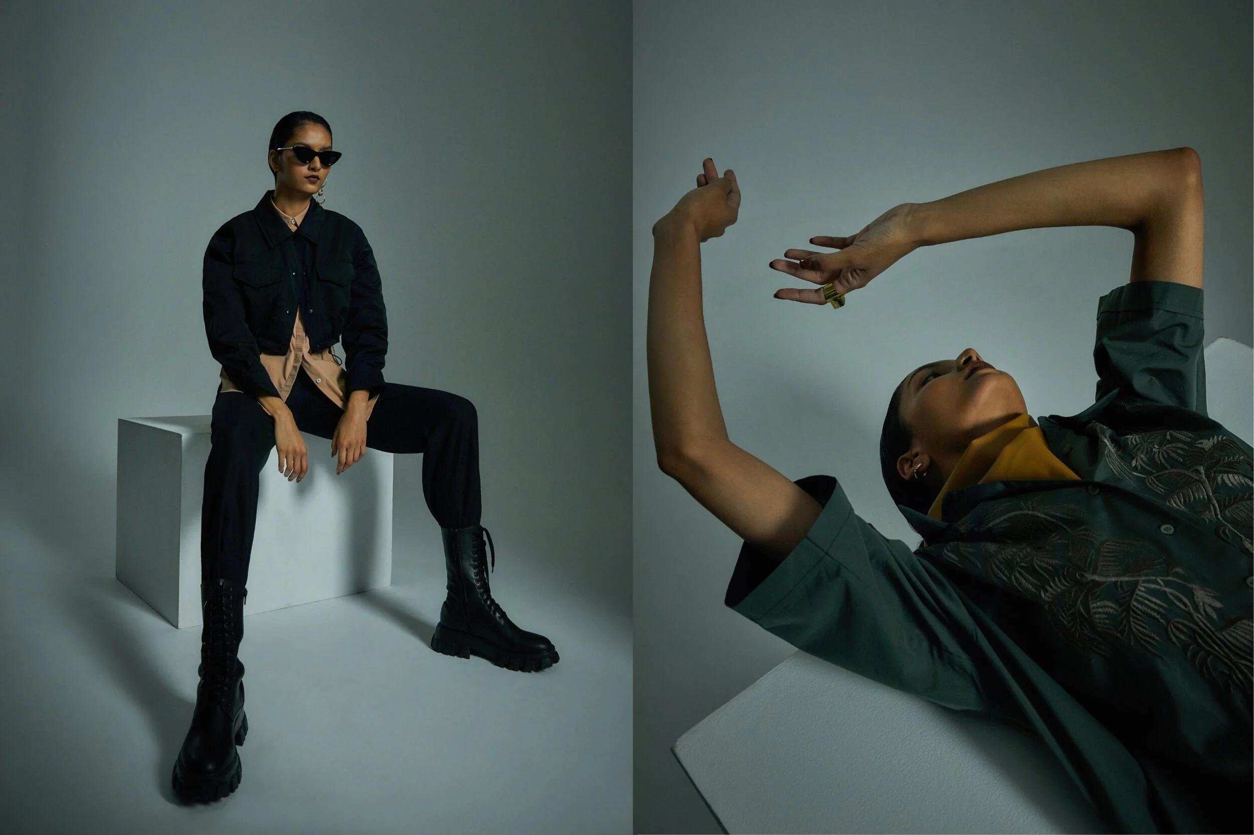 Left: Stylists own jacket, JIl Sander shirt, Toteme Pants, Aere boots courtesy of the Iconic, Le Spec Sunglasses // Right: Dries Van Noten shirt dress, Mezi ring, Maria Black earrings