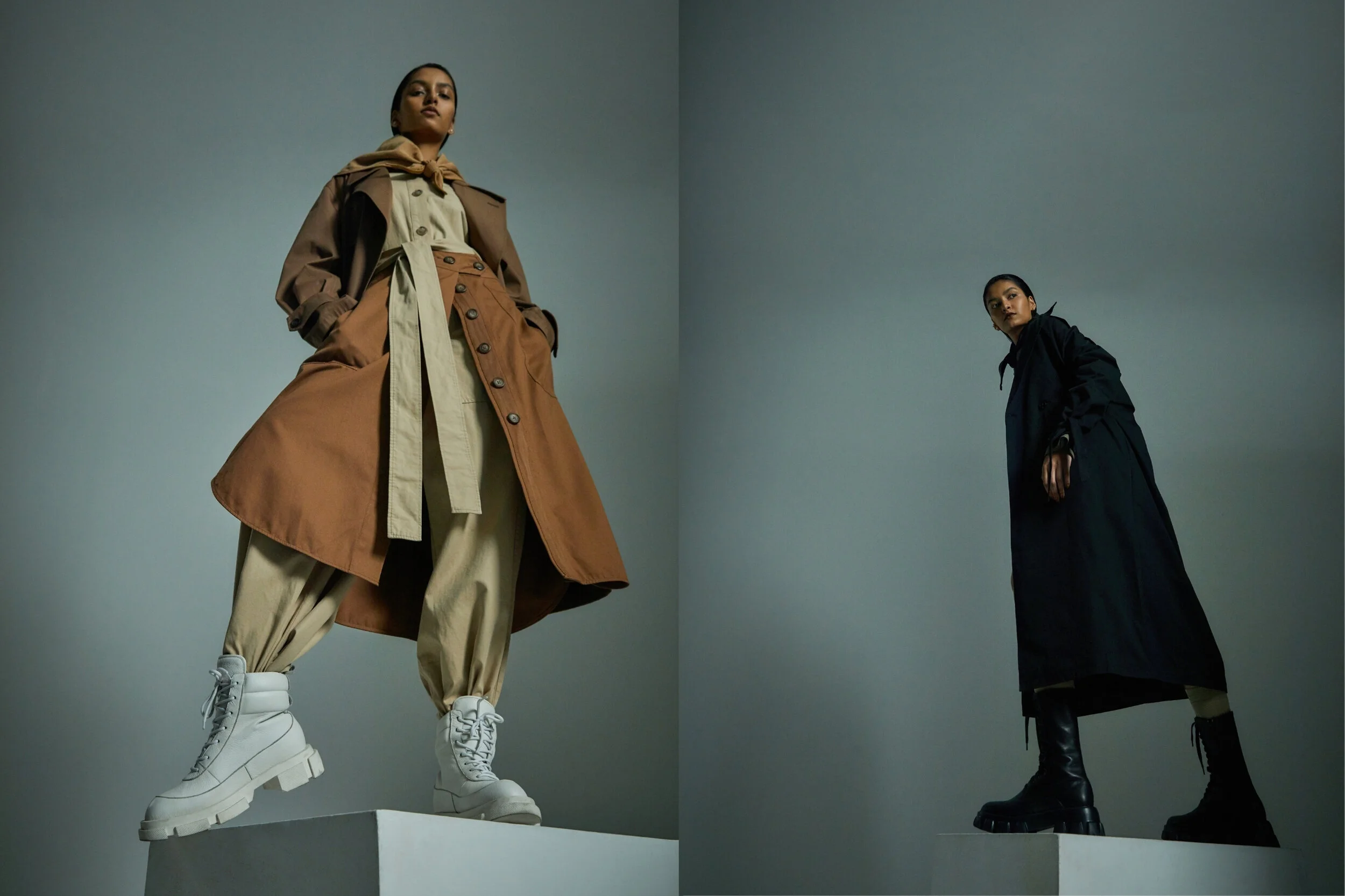 Left: COS jumpsuit, Lee Mathews skirt, Stylist's jacket and scarf, Chloe pearl earring, Alias Mae boots courtesy of the Iconic // Right: Stylists own scarf, under shorts and trench, COS socks, Lattelier suit set, Amber Sceats earring, Aere boots cou…