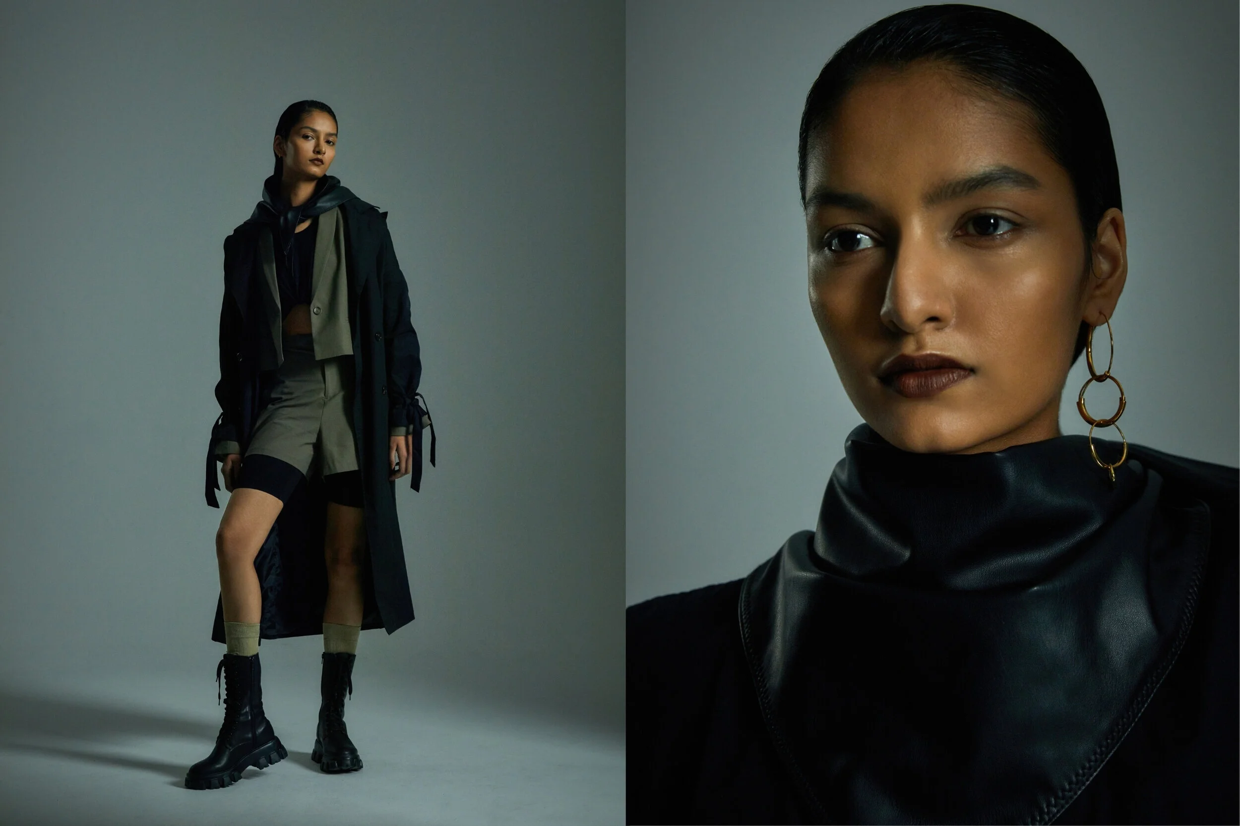 Left: Stylists own scarf, under shorts and trench, COS socks, Lattelier suit set, Amber Sceats earring, Aere boots courtesy of the Iconic // Right: Stylist's own scarf, Maria Black earrings