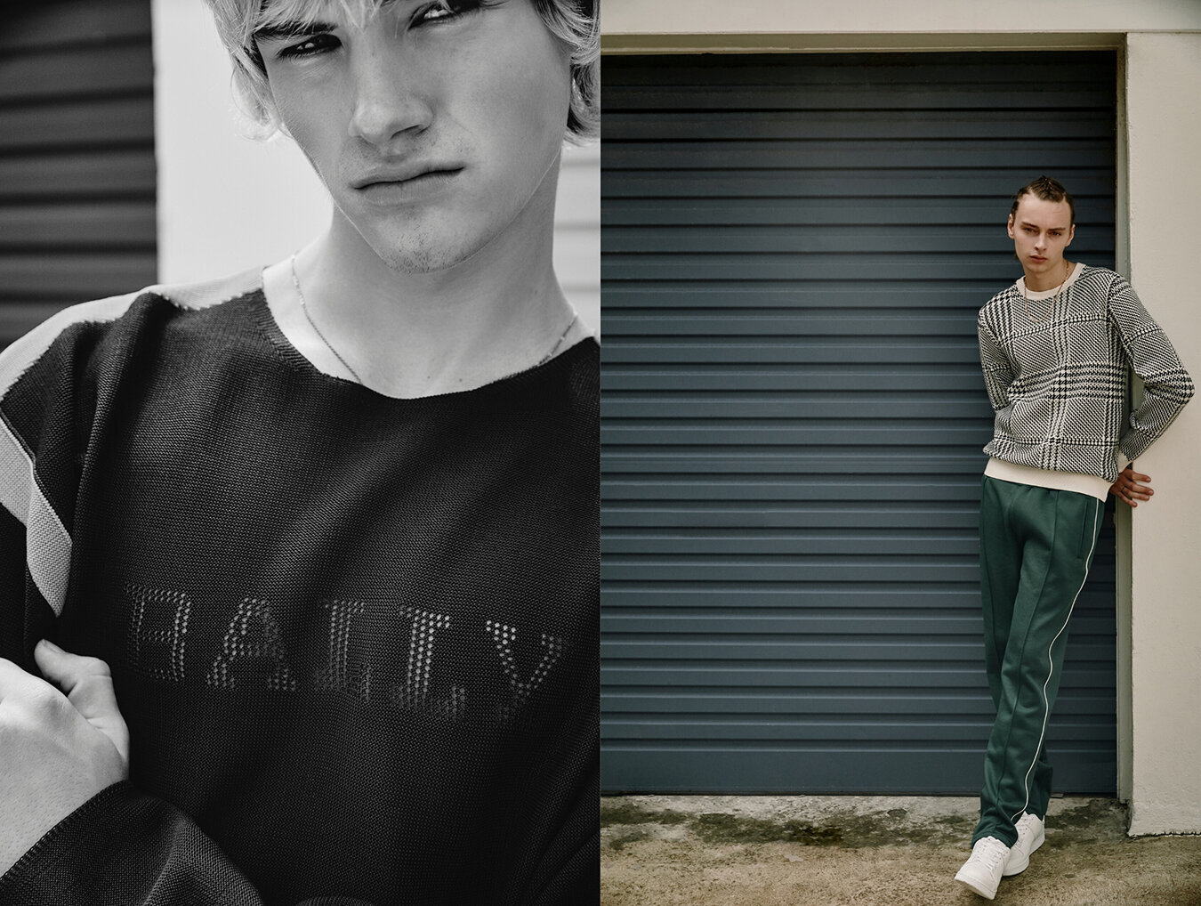 Jude (left): Pants, top and sneakers Bally // Finn (right): Track pants, jumper and sneakers Lacoste