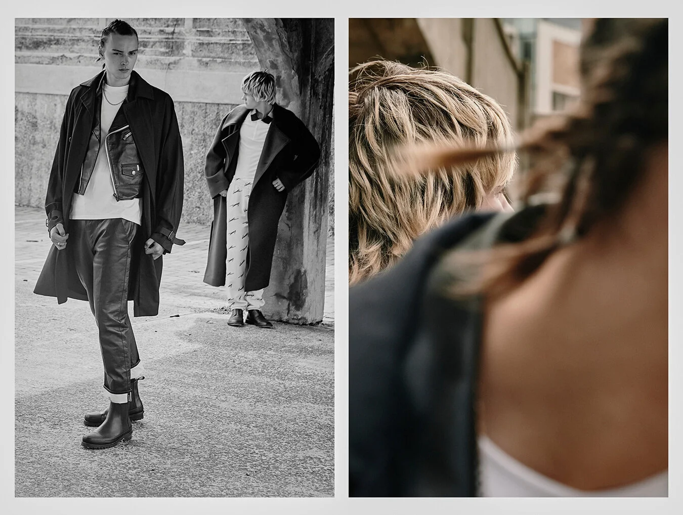 Finn (left): T-shirt, pants, jacket and mac Bally // Jude (right): Shorts, top and sneakers Bally, Coat COS
