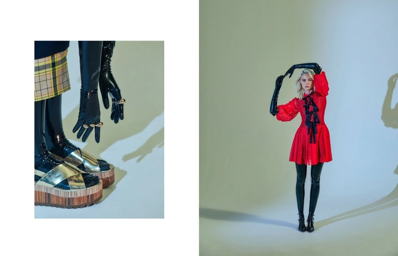 Left: N21 top via Yoox, Enfold skirt via Yoox, Max Black gloves suspender and stockings and Roxane Assoulin earrings, Stella Mccartney shoes // Right: Philosophy di Lorenzo Serafini dress via Yoox, Max Black gloves and stockings, Sener Besim earring…