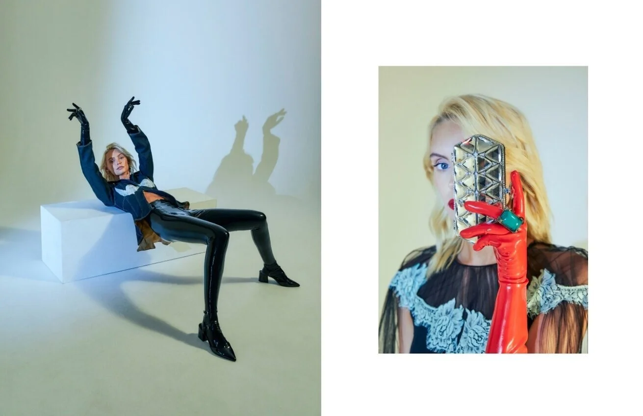 Left: Alyssa Sun jacket, Max Black gloves and stockings, Chloe shoes and vintage earrings // Right: Elisabetta Franchi dress via Yoox, Max Black gloves.